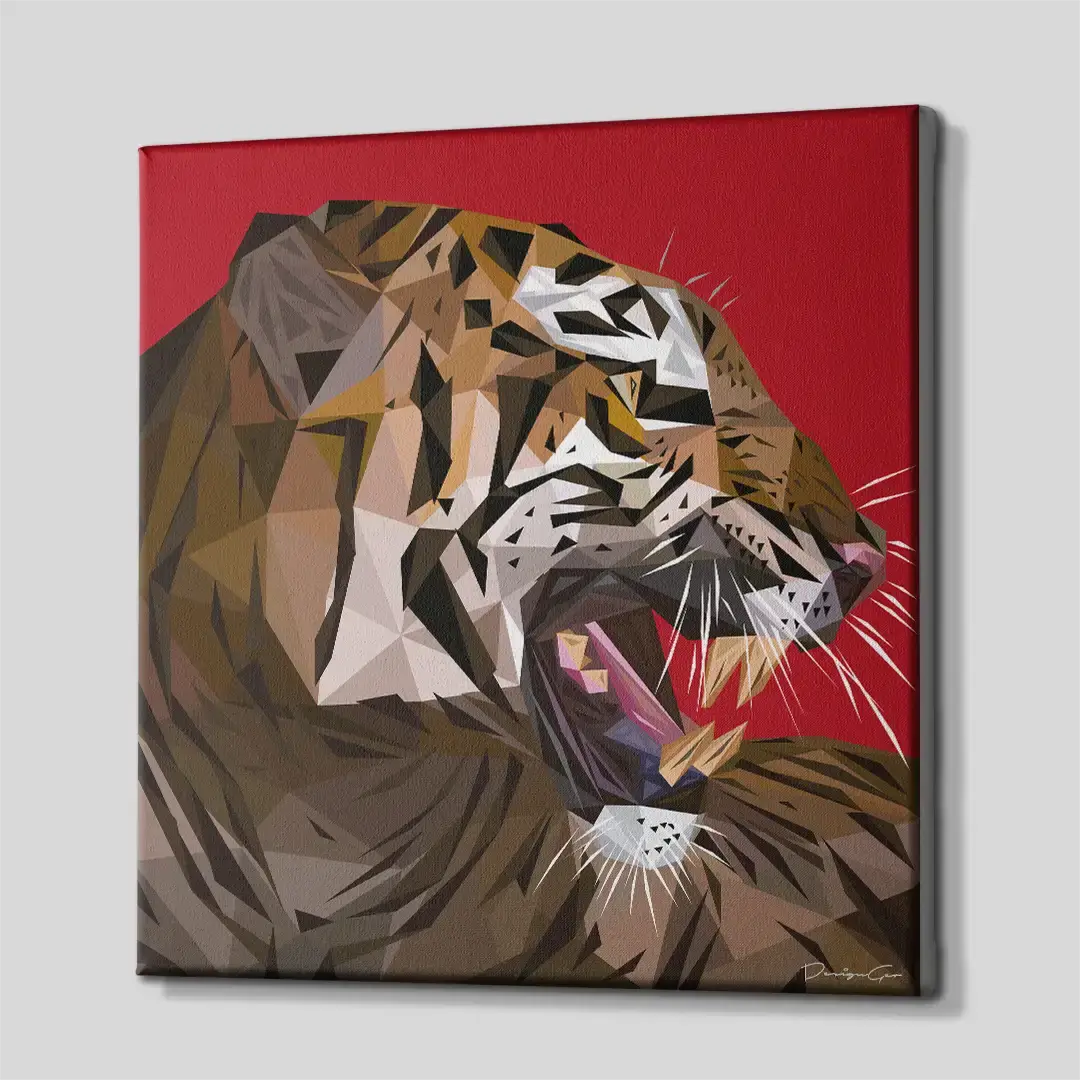 Side perspective of the modern orange and red tiger canvas print, highlighting the high-quality gallery wrap finish and solid 3D frame depth for luxury walls