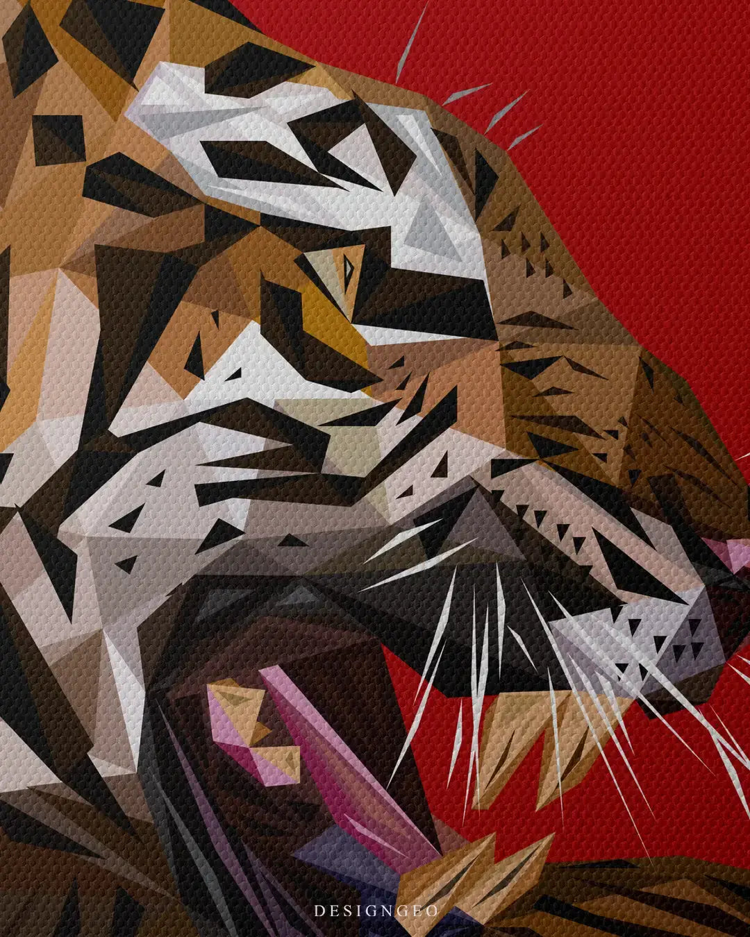 Close-up of contemporary wildlife wall art featuring a detailed orange tiger portrait design with an intense gaze on a vibrant red background