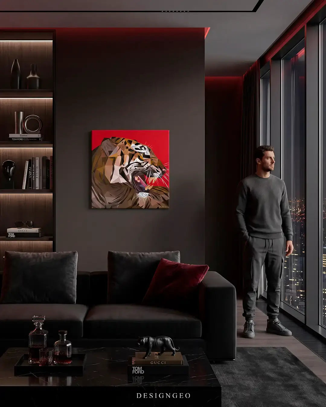 Contemporary home interior displaying the bold orange and red tiger square canvas art above a sofa, adding a powerful wildlife statement piece to modern living room decor