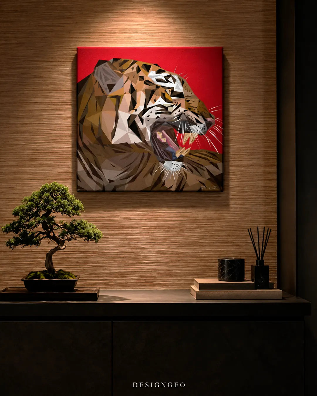 Geometric low poly roaring tiger square canvas wall art mounted on textured wooden wall above console with bonsai tree 0.75 inch thin wrap
