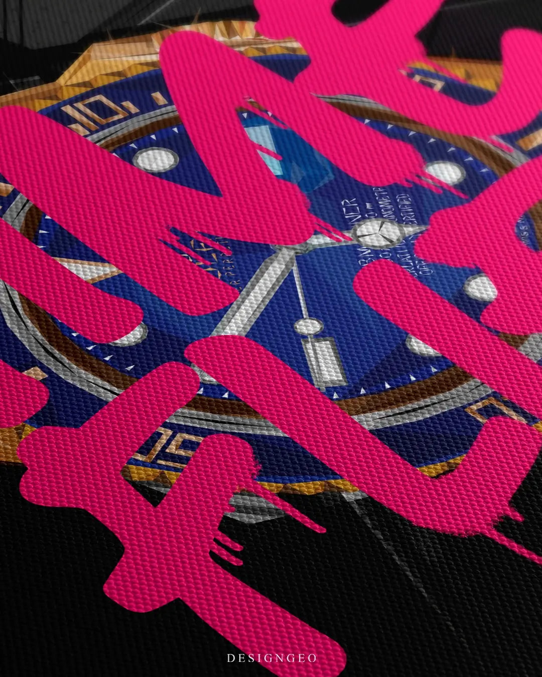 Close-up of luxury wall art featuring a detailed gold watch with pink graffiti drips on a solid black background
