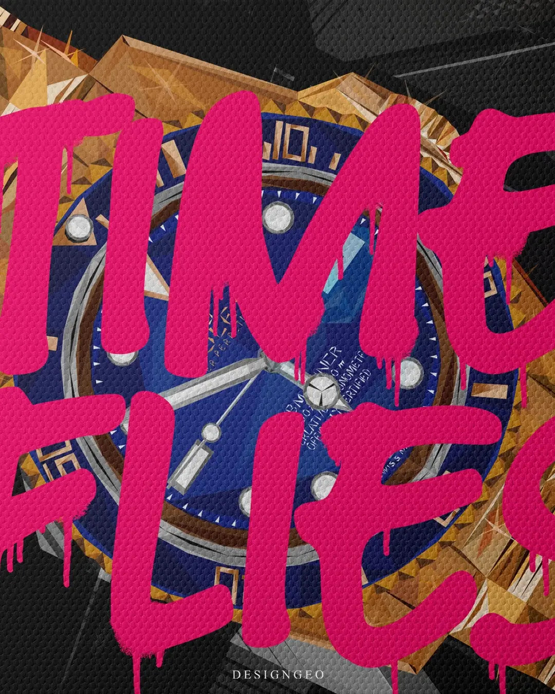 Artistic canvas illustration of a premium gold timepiece under pink graffiti text, symbolizing the urgency of success and the high value of time for entrepreneurs