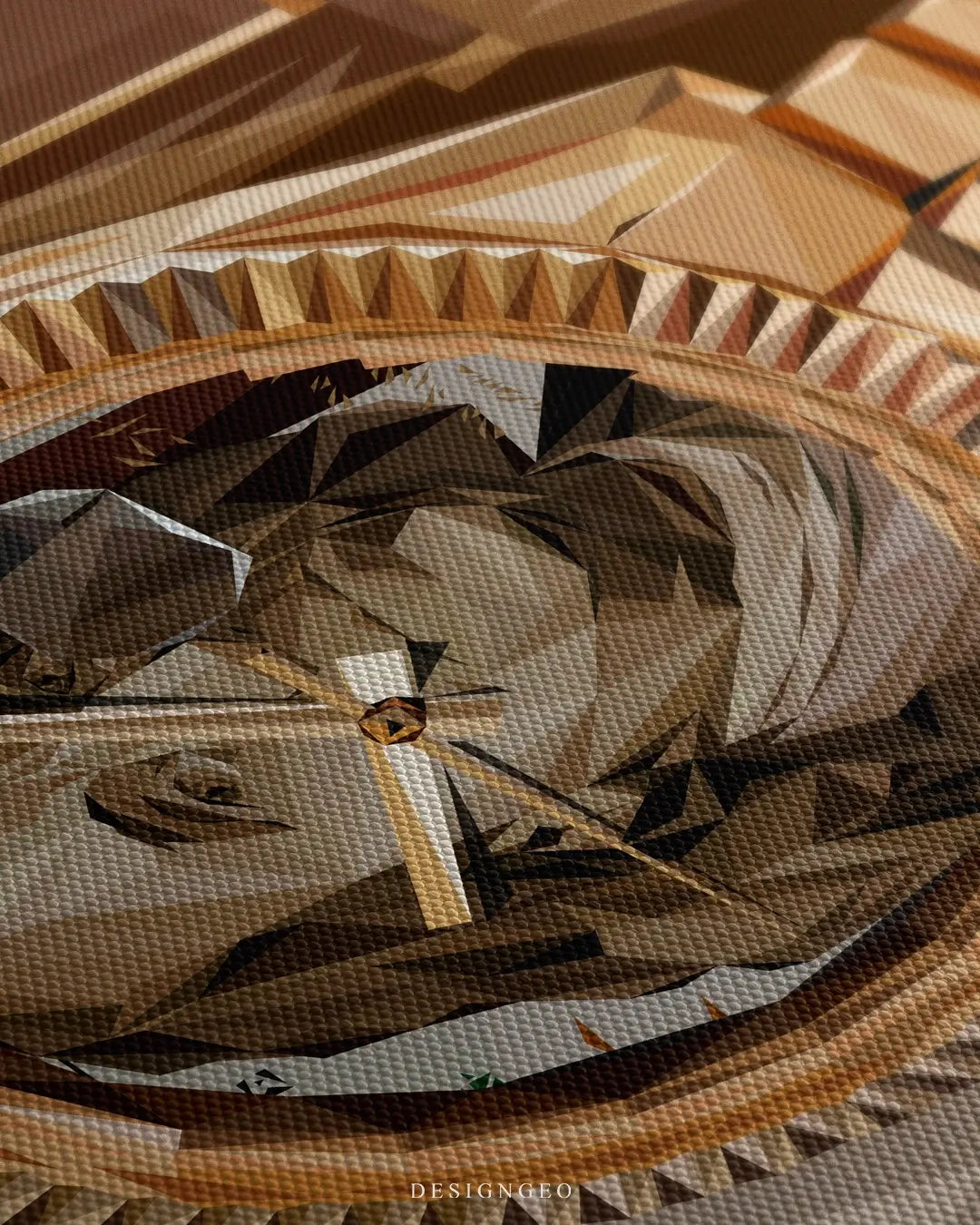 High-resolution close-up of the geometric yellow gold watch face and links on textured canvas, highlighting the polygonal art style and luxury aesthetic