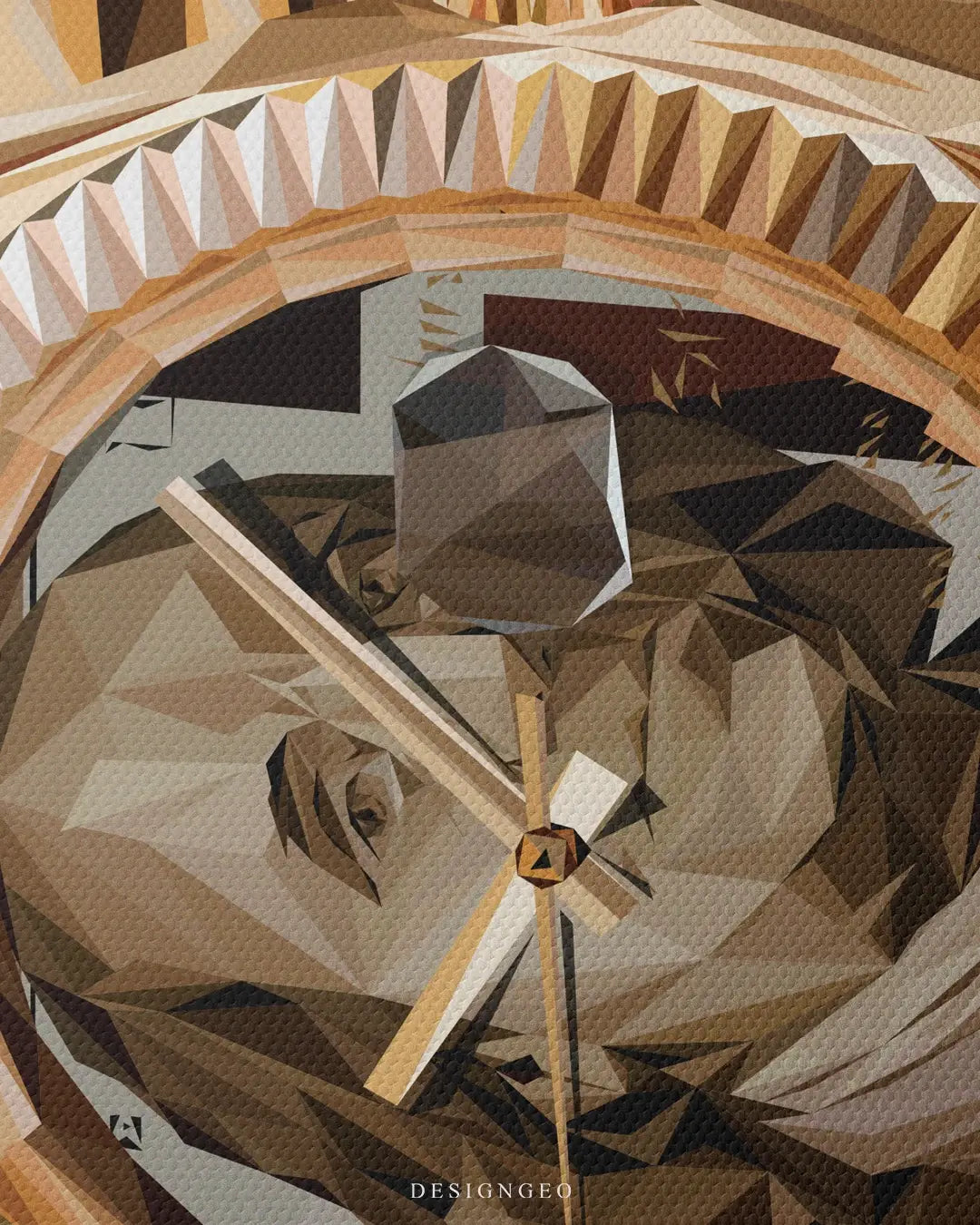 Extreme macro detail of the geometric gold watch's fluted bezel and gold hands on the multifaceted face, a close-up on the intricate low-poly art design