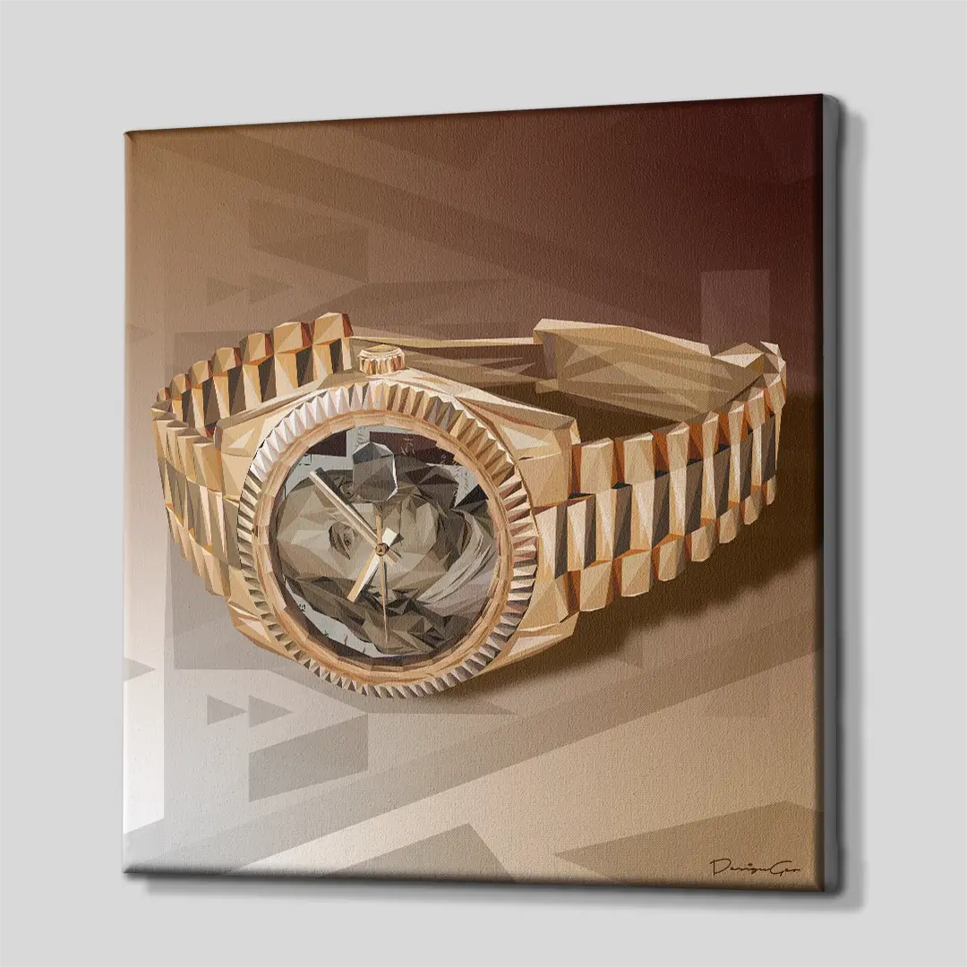 Three-quarter angle of the "Geometric Gold Watch" motivational art, showing the multifaceted gold links and the professional gallery-wrapped canvas finish
