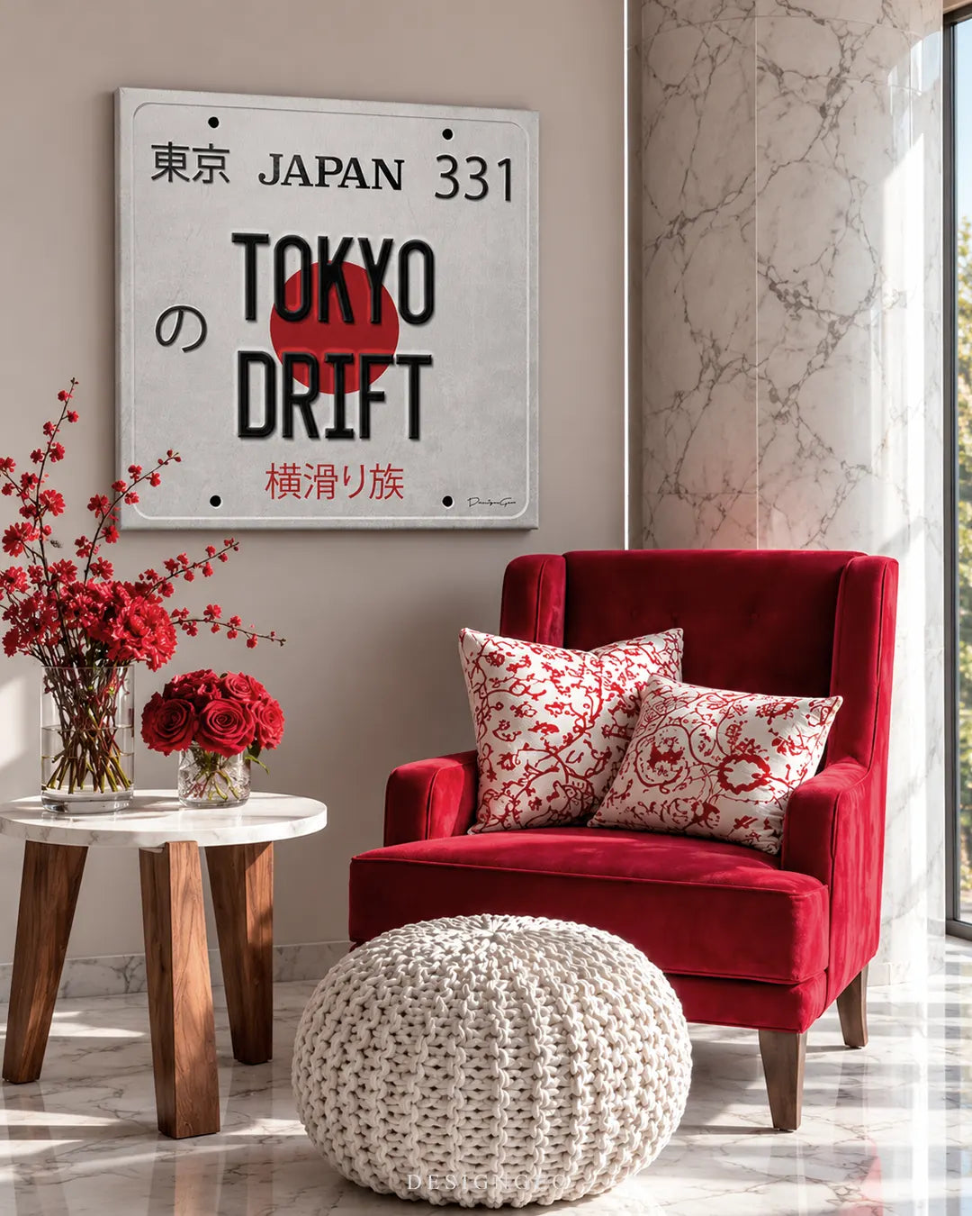 Tokyo Drift Japanese license plate white square canvas wall art displayed on a beige wall in an elegant lounge next to a red velvet armchair 0.75 inch thin wrap