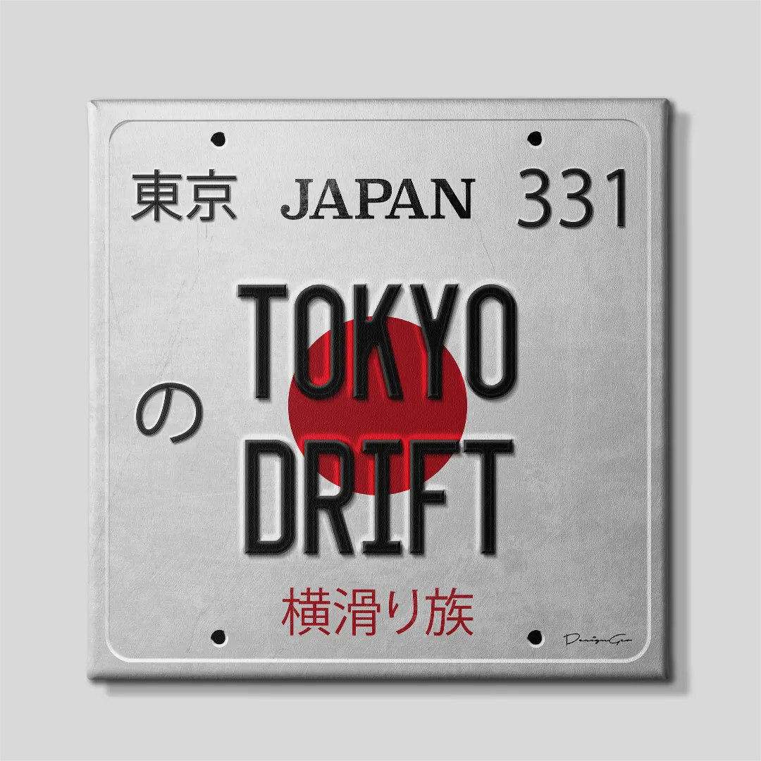 Front view of a square white canvas print styled as a Japanese license plate reading Tokyo Drift in black letters with a red sun background and Kanji characters