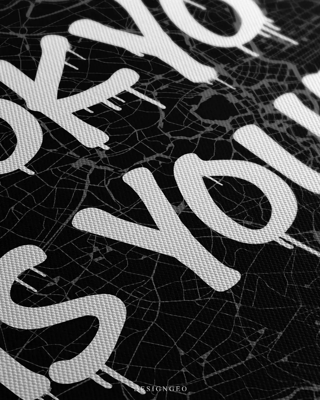 Detailed view of the Tokyo map canvas art, showcasing the crisp contrast between the intricate ward cartography lines and the fluid white spray-paint lettering