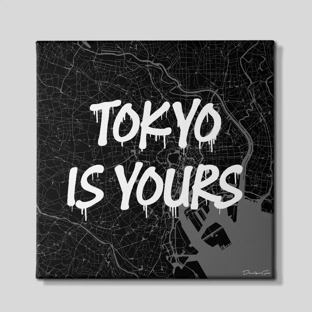 Front view of the Tokyo is Yours square city map canvas print, a premium motivational wall art piece designed for contemporary corporate offices, trading rooms, and travel enthusiasts