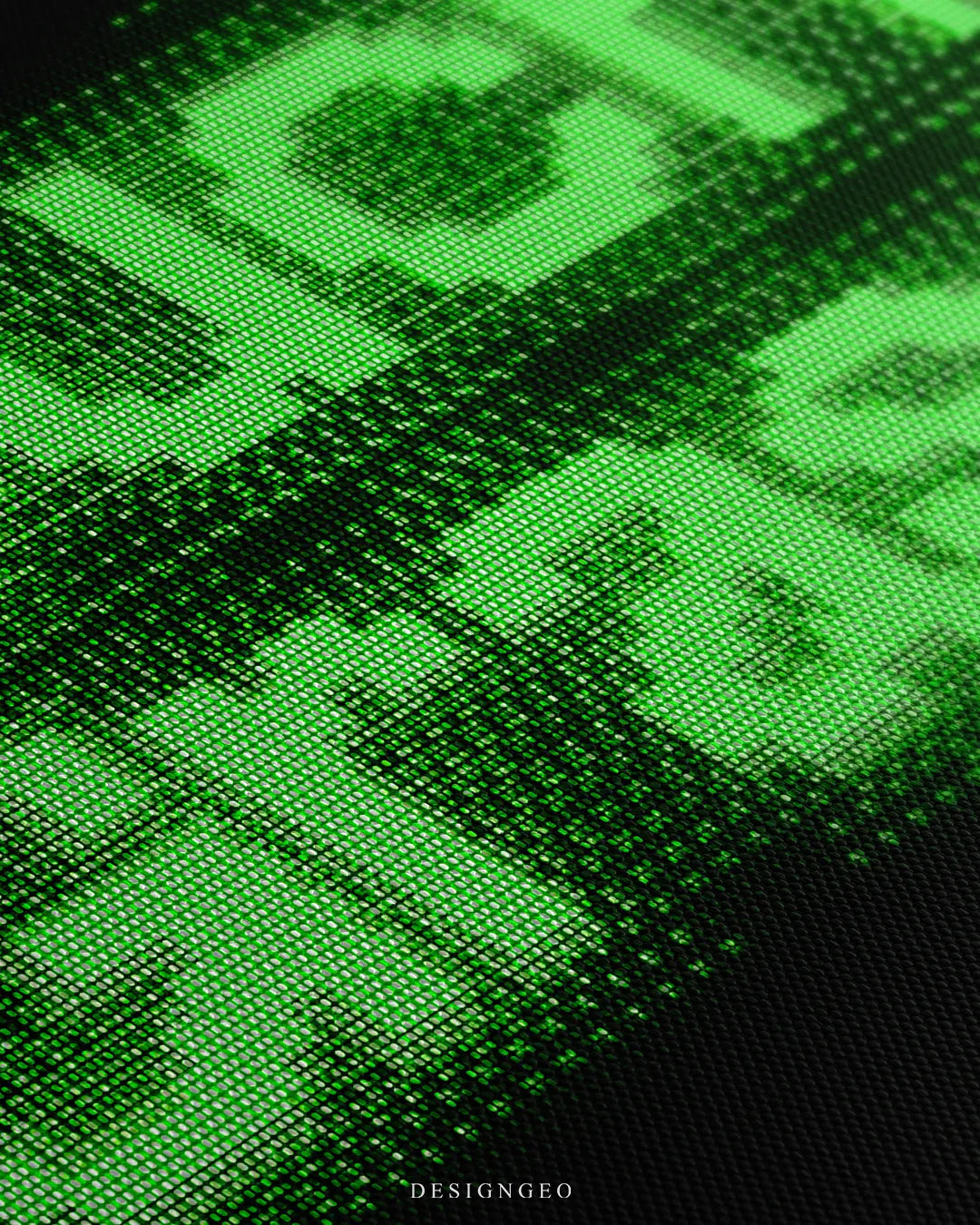 Angled extreme macro view highlighting the fine black canvas grain and vivid green pixelated halftone pattern forming the word "Touch"