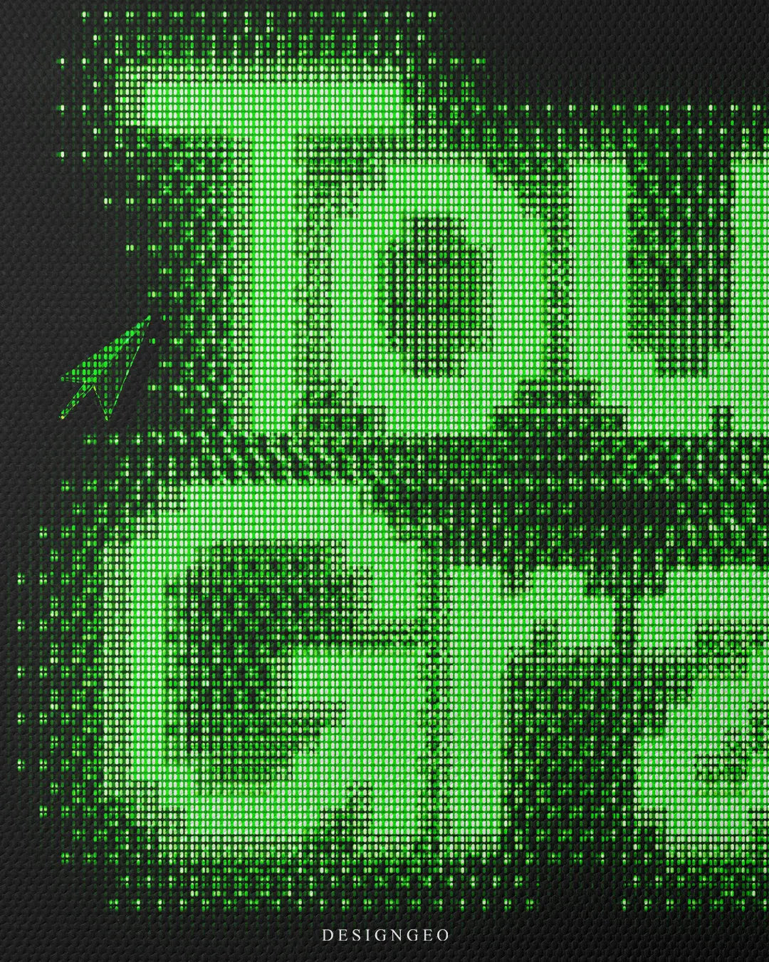 Close-up macro detail shot showing woven canvas surface texture, sharp green LED-style pixels, and green mouse pointer icon on a black background