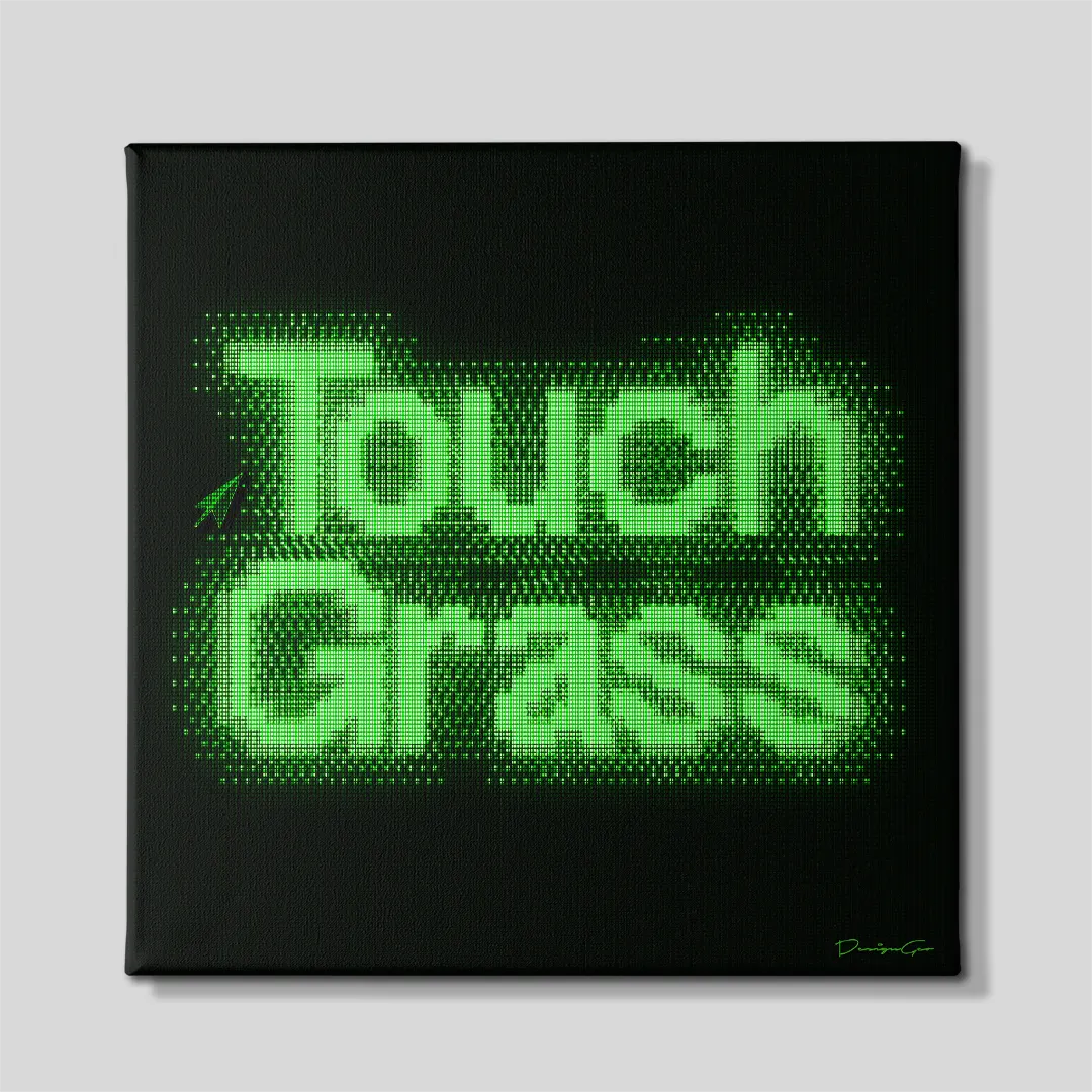 Front view of a square black canvas print featuring glowing green matrix pixelated text reading "Touch Grass" with a digital cursor arrow