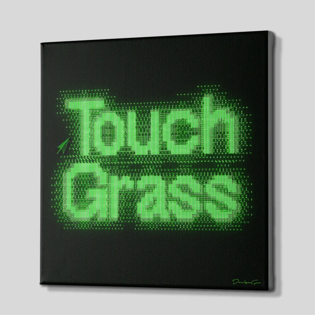 Three-quarter side angle of the Touch Grass crypto canvas print showing gallery-wrapped solid black edges mounted on a wooden frame