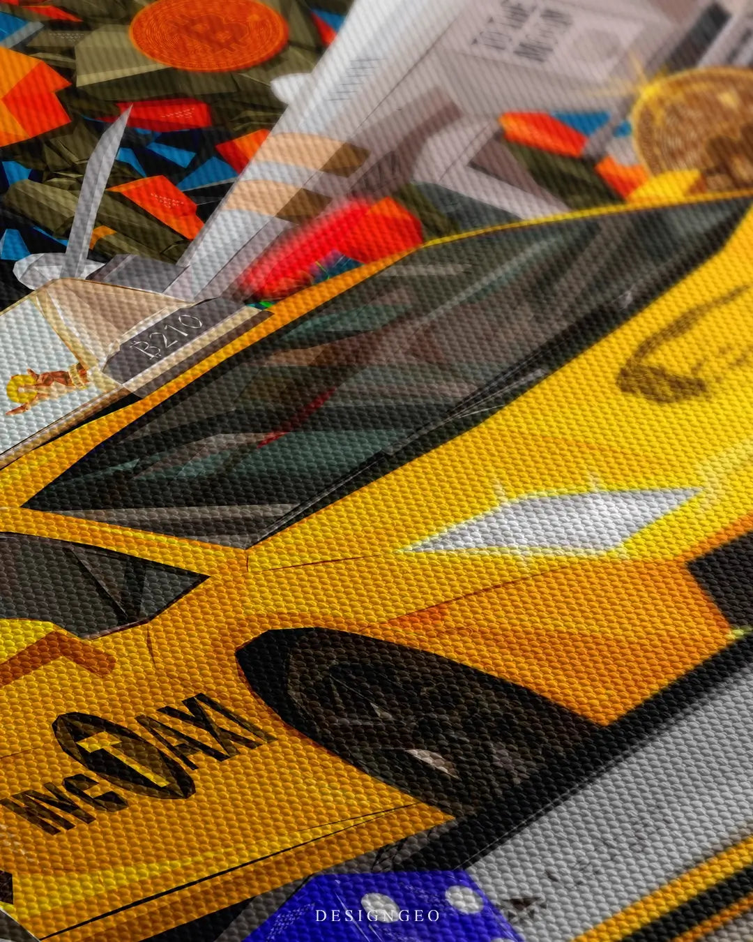 Close-up of luxury pop art featuring millionaire icons like a private jet and supercar on a vibrant, multi-colored background