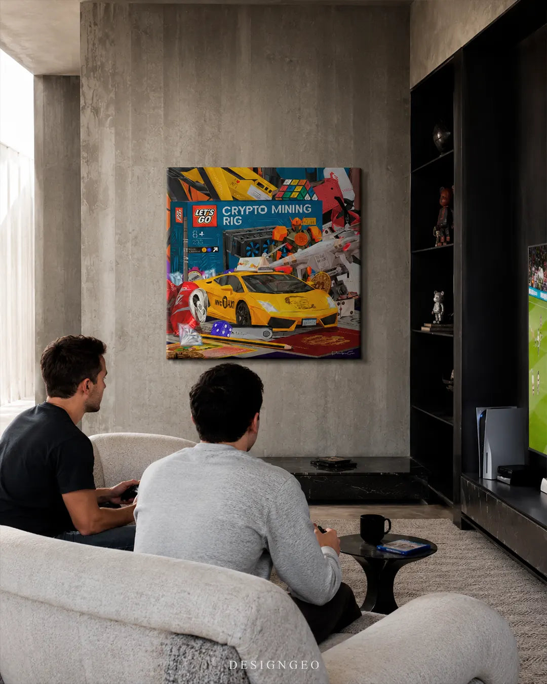 Square Crypto Mining Rig pop art canvas wall art mounted on a modern concrete wall in a living room above two friends playing video games on a sofa
