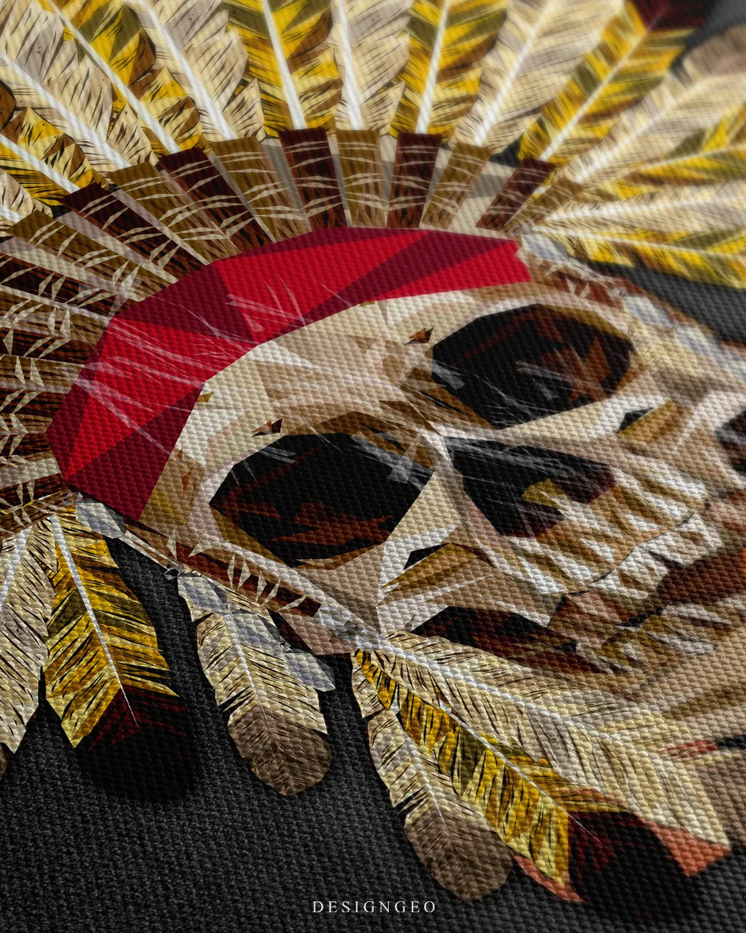 Angled macro view detailing fine woven canvas fabric texture, geometric low-poly skull shading, red headband, and intricate feather pattern prints