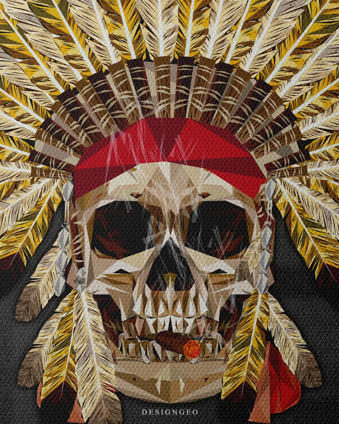 Medium shot close-up highlighting detailed geometric facets of the skull, red headband, lit cigar, and yellow-tipped feather war bonnet