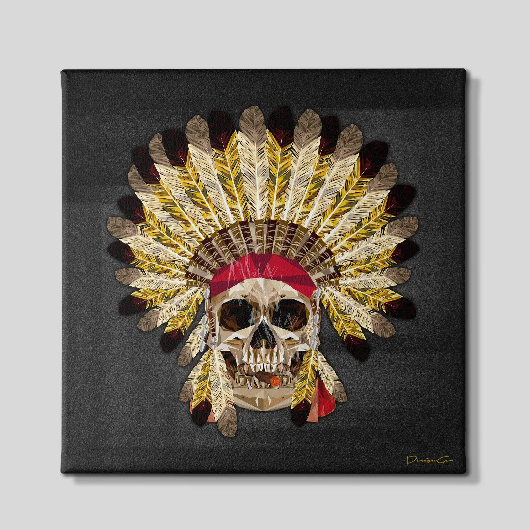 Front view of a square dark gray canvas print featuring a geometric low-poly tribal chief skull wearing a feathered headdress and smoking a cigar