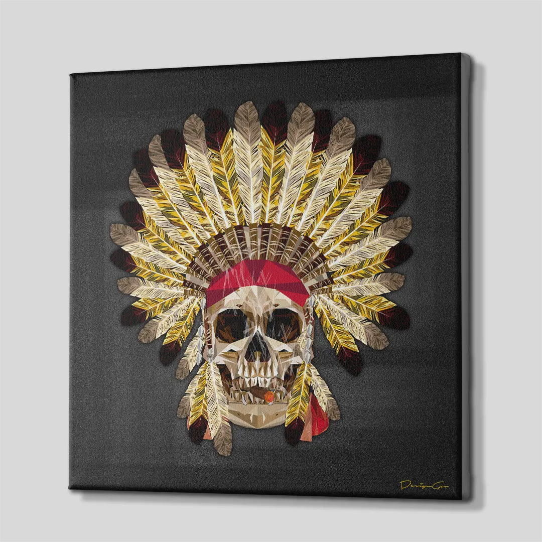 Three-quarter side angle of the tribal chief skull canvas wall art showing gallery-wrapped charcoal gray edges mounted on a sturdy wooden stretcher frame