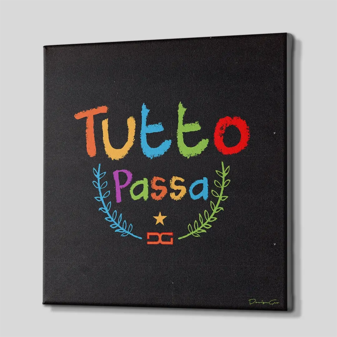 Side angle of the "Tutto Passa" motivation canvas print, highlighting the high-quality gallery wrap finish and the professional 3D frame depth