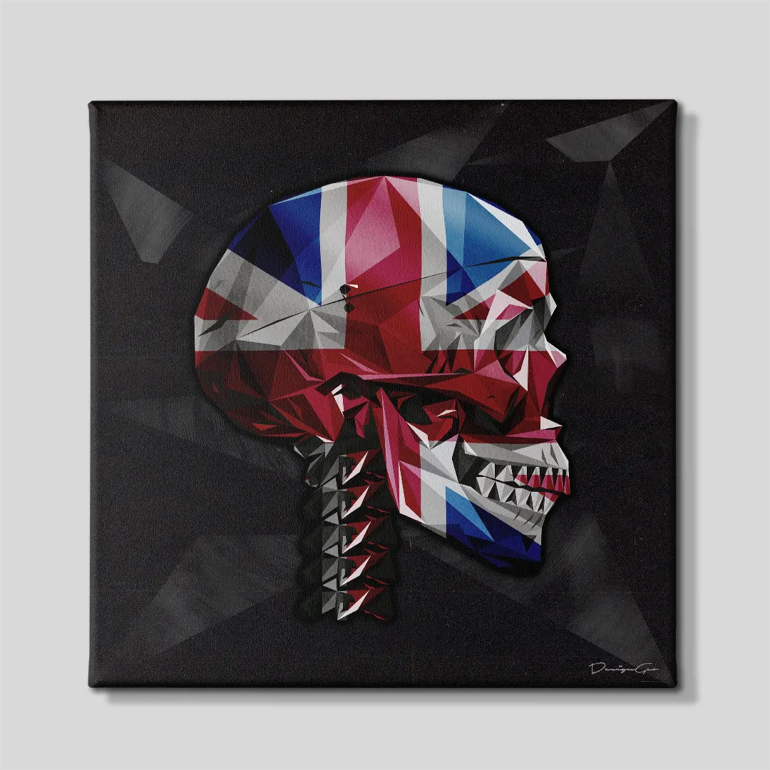 Low poly geometric skull side profile featuring Union Jack British flag pattern square canvas print front view on dark background 0.75 inch thin wrap