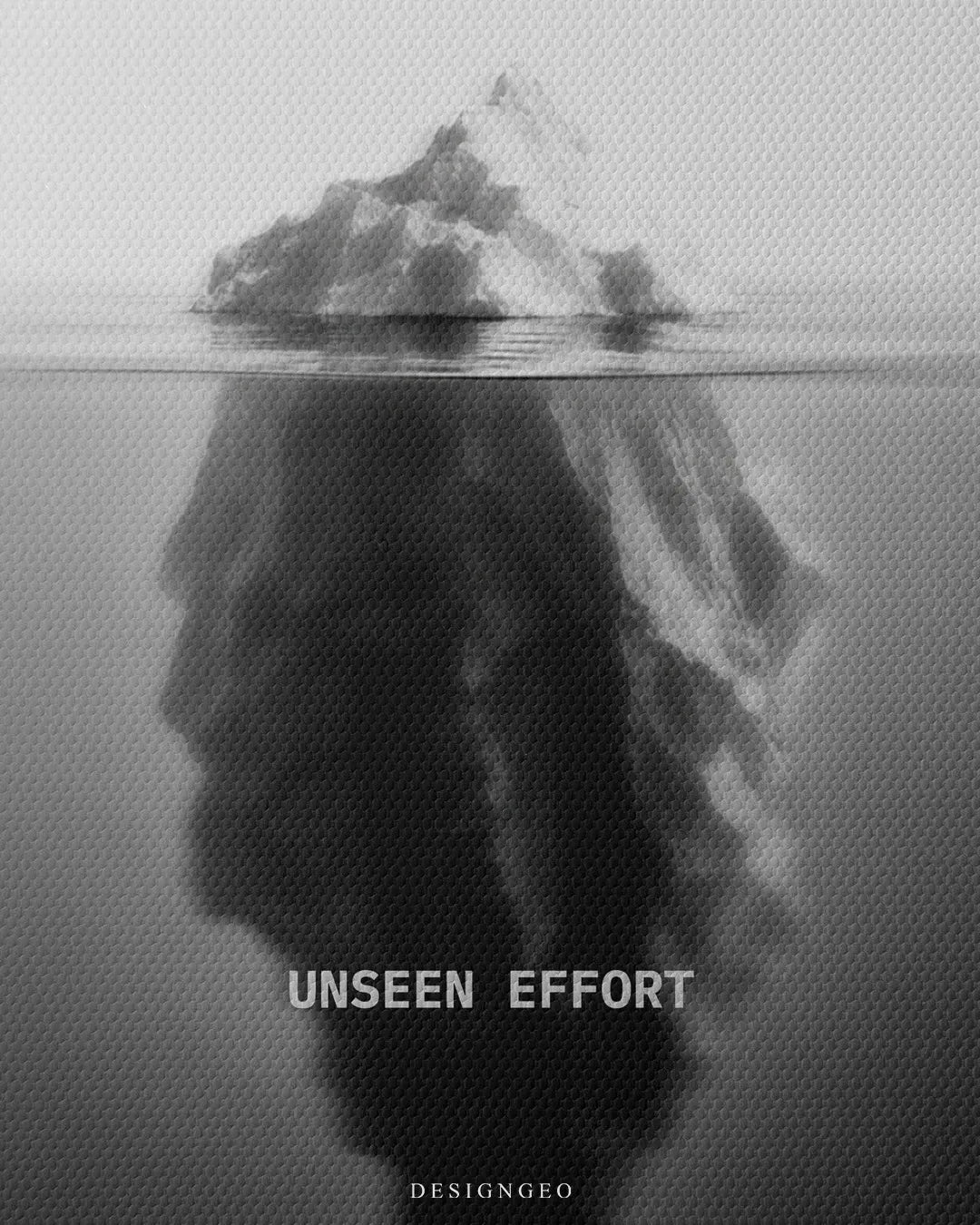Close up texture view of Unseen Effort typography quote over dark submerged underwater iceberg square canvas wall art 0.75 inch thin wrap