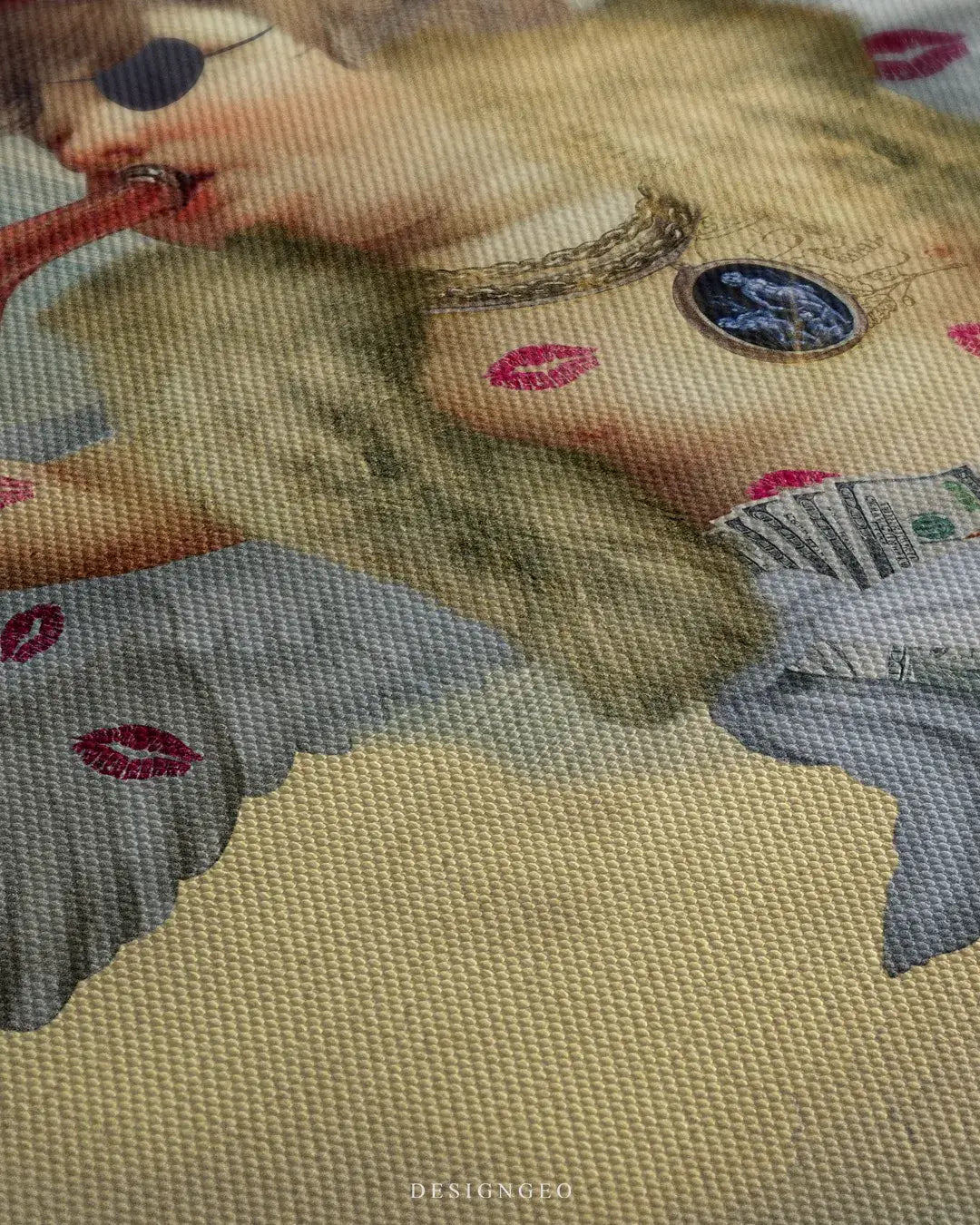 Close-up of Valentine's Day canvas wall art showing red lipstick kiss marks and the textured wings of a pop art cherub