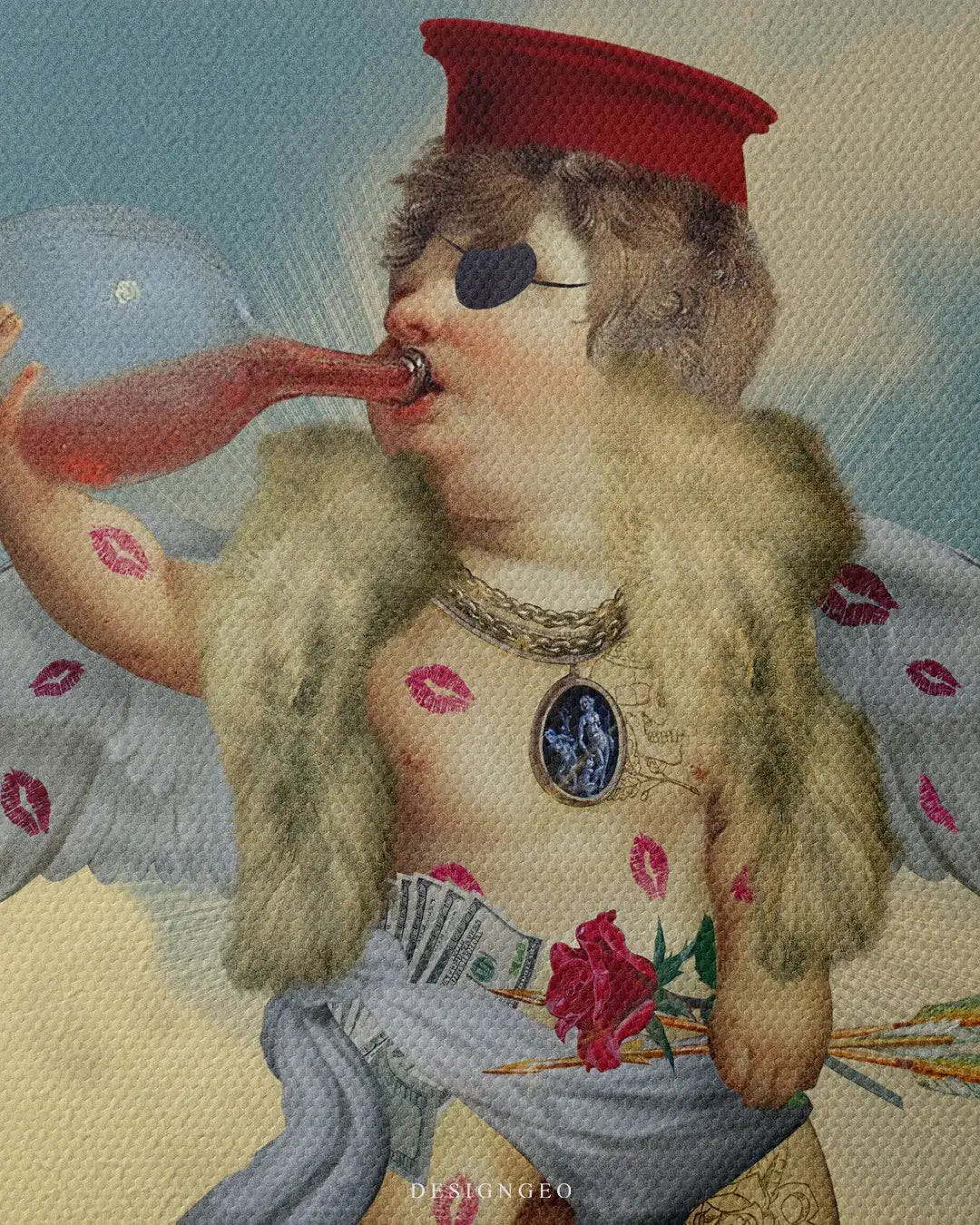 Pop art illustration of a blonde Cupid angel covered in red kisses, holding a red heart on a pink background for romantic wall decor