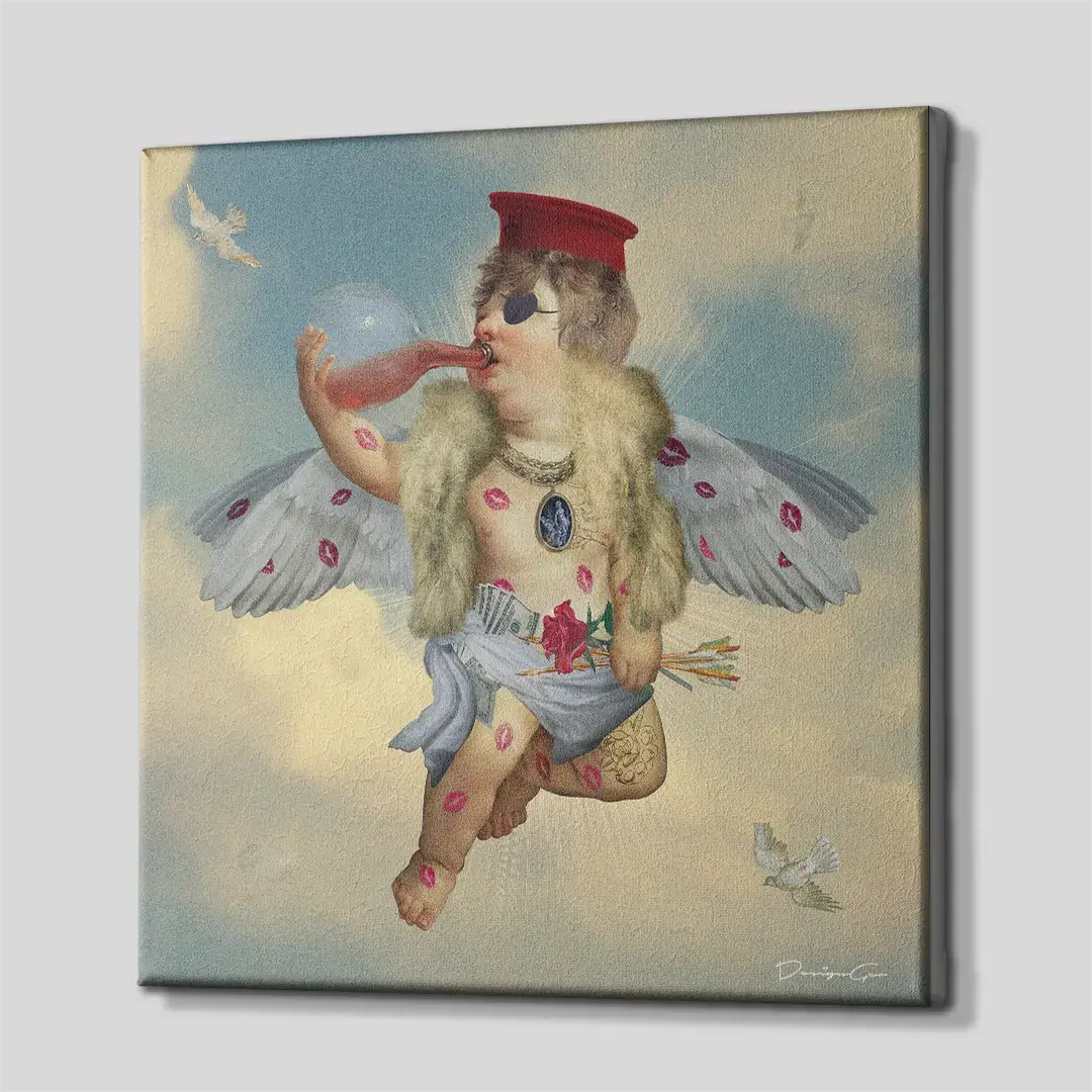 Side perspective of the Valentine’s Day Cupid canvas print, showcasing the high-quality wrapped edges and 3D frame depth