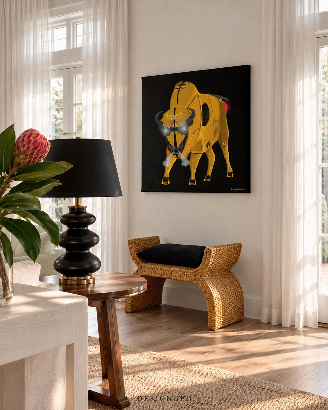 Velocity Bull yellow supercar mechanical bull square canvas wall art mounted on wall in elegant living room above woven bench 0.75 inch thin wrap