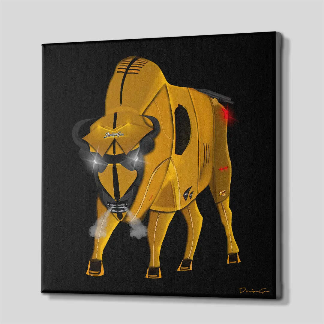 Side perspective view of yellow automotive charging bull square canvas art showing dark gallery wrapped edge 0.75 inch thin wrap