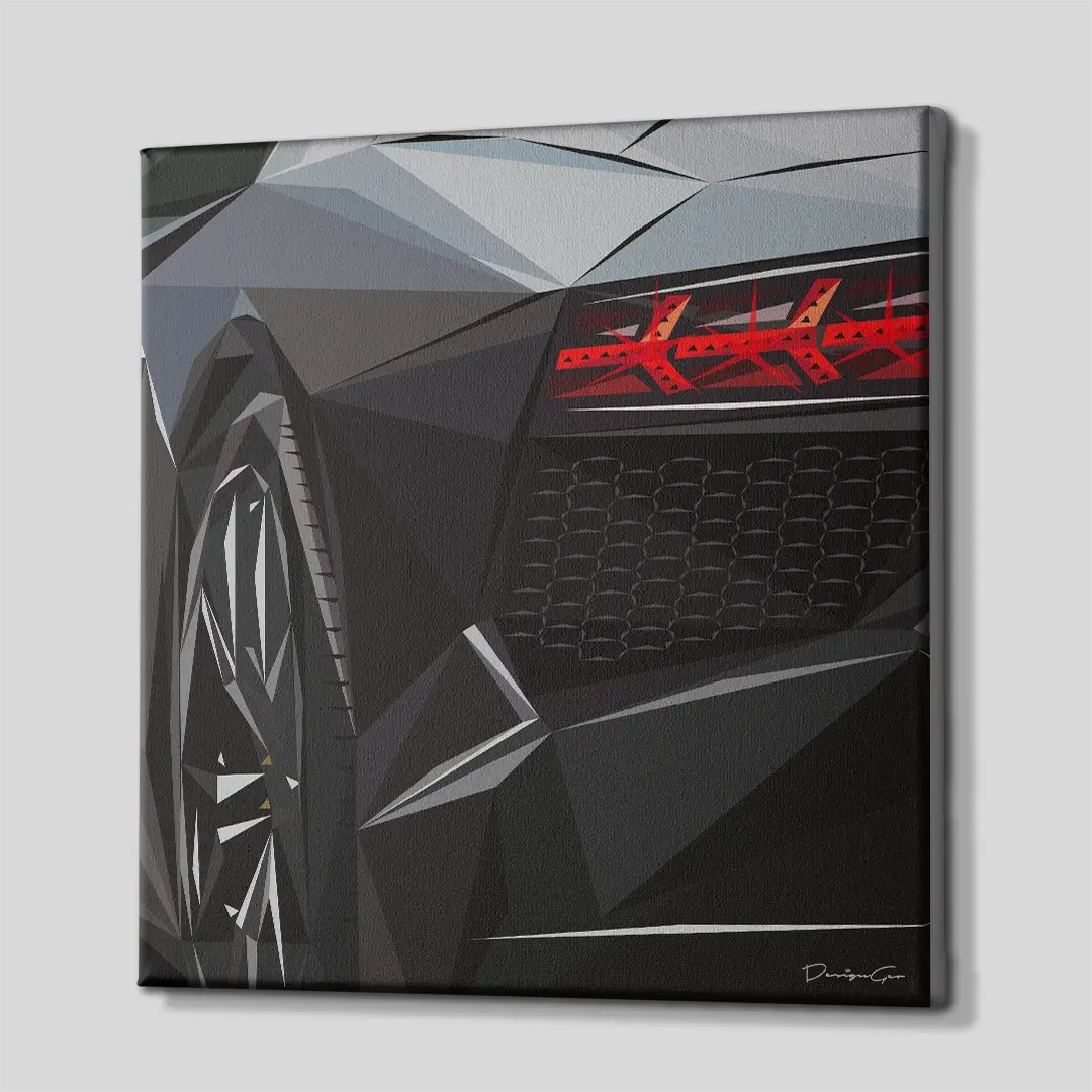 Side angle of the luxury supercar rear view canvas print, highlighting the high-quality gallery wrap finish and the professional 3D frame depth
