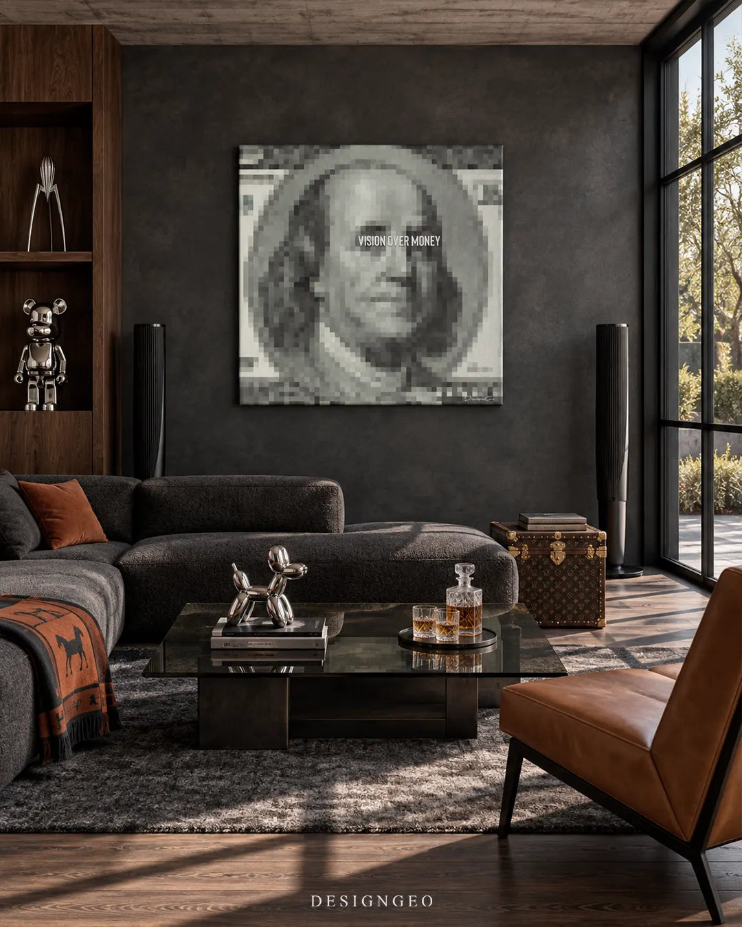 Square pixelated 100 dollar bill canvas print featuring Benjamin Franklin with Vision Over Money text mounted on a dark textured wall in a luxury living room