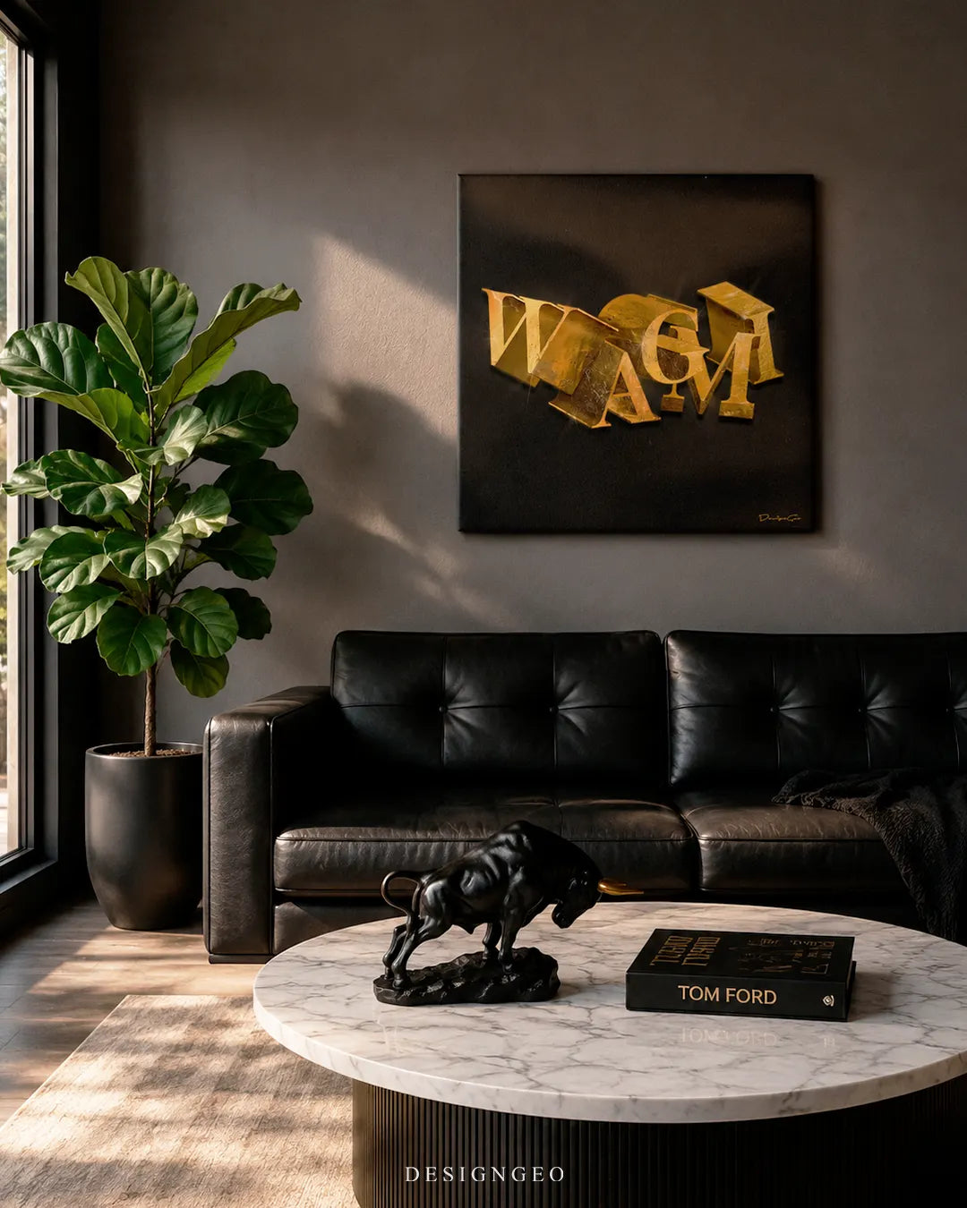 Square gold WAGMI canvas print mounted on a dark grey wall above a black leather sofa, marble coffee table with a bronze charging bull sculpture, and Tom Ford book