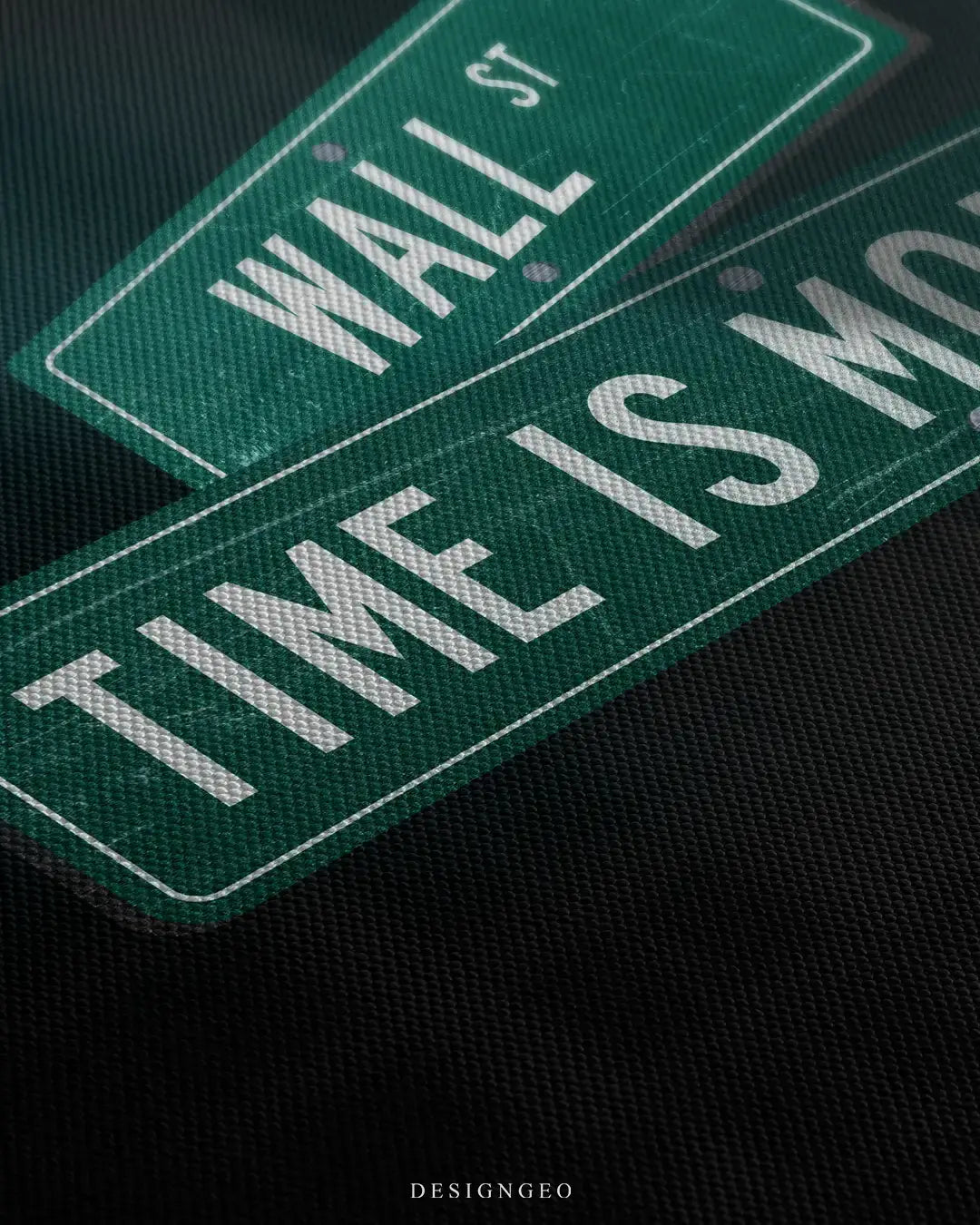 Close-up of modern financial wall art featuring a realistic Wall St street sign with an inspirational money phrase on a minimalist dark urban background