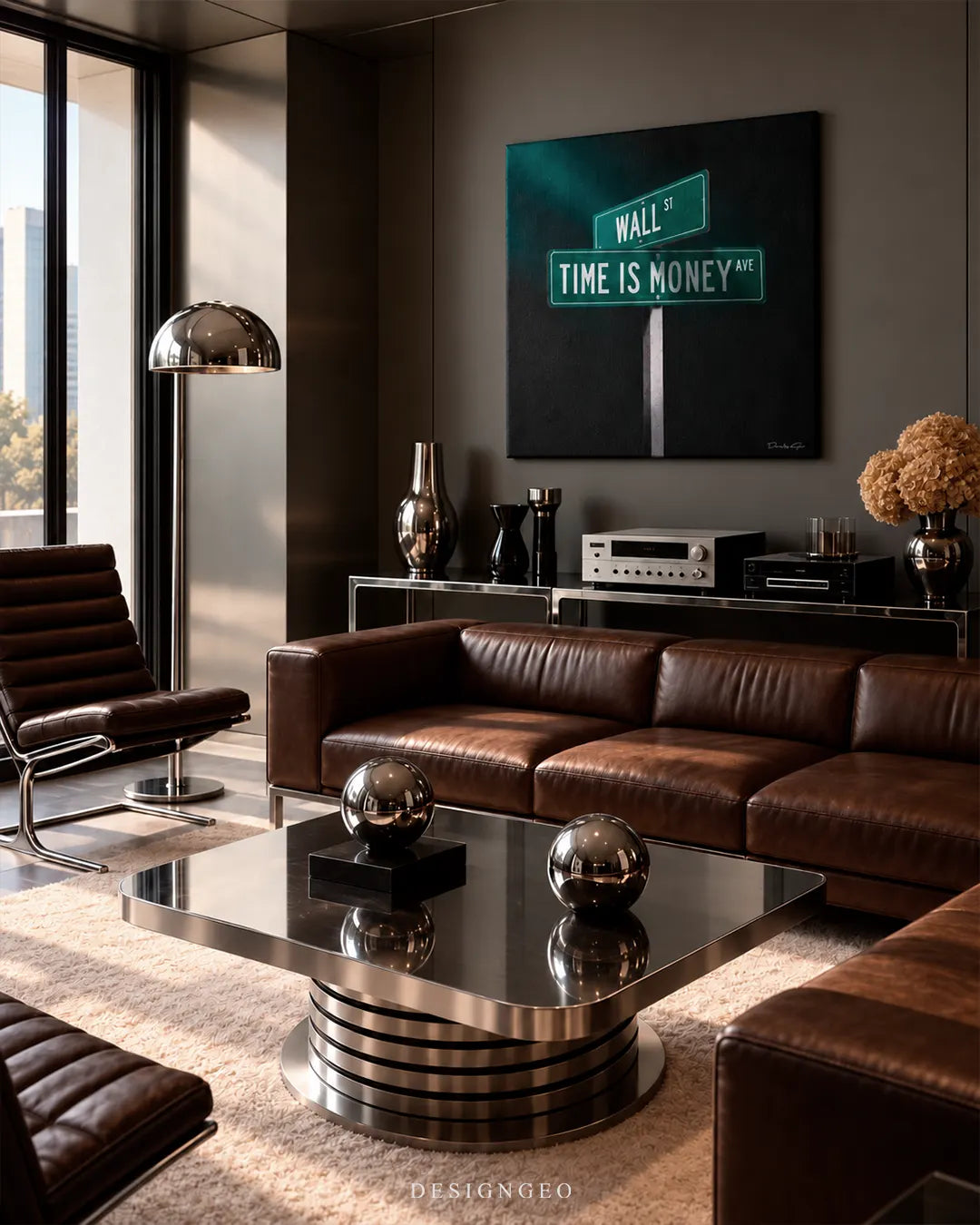 Green Wall St and Time Is Money Ave street sign square canvas wall art displayed on a dark gray wall in a luxury living room above a brown leather sofa 0.75 inch thin wrap