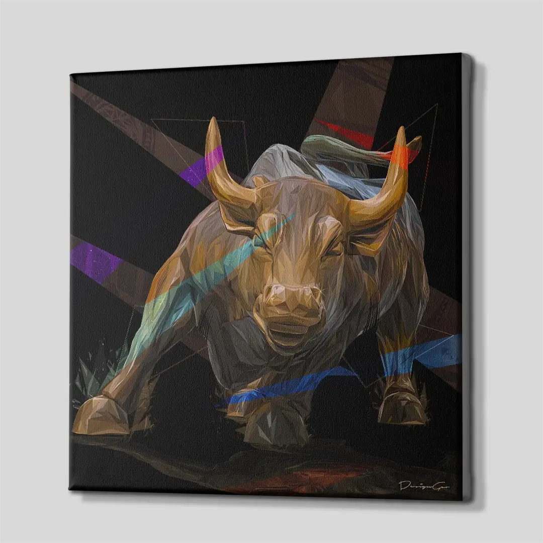 Side angle of the golden Wall Street bull canvas print, highlighting the high-quality gallery wrap finish and the 3D depth of the wooden frame