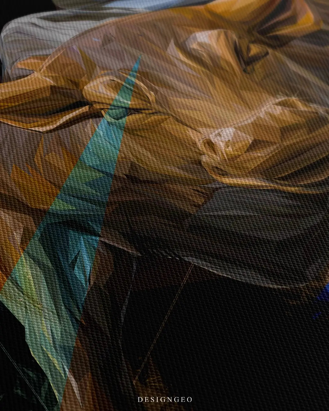 Close-up of golden Wall Street bull canvas art showing detailed metallic textures, muscle definition, over a black background