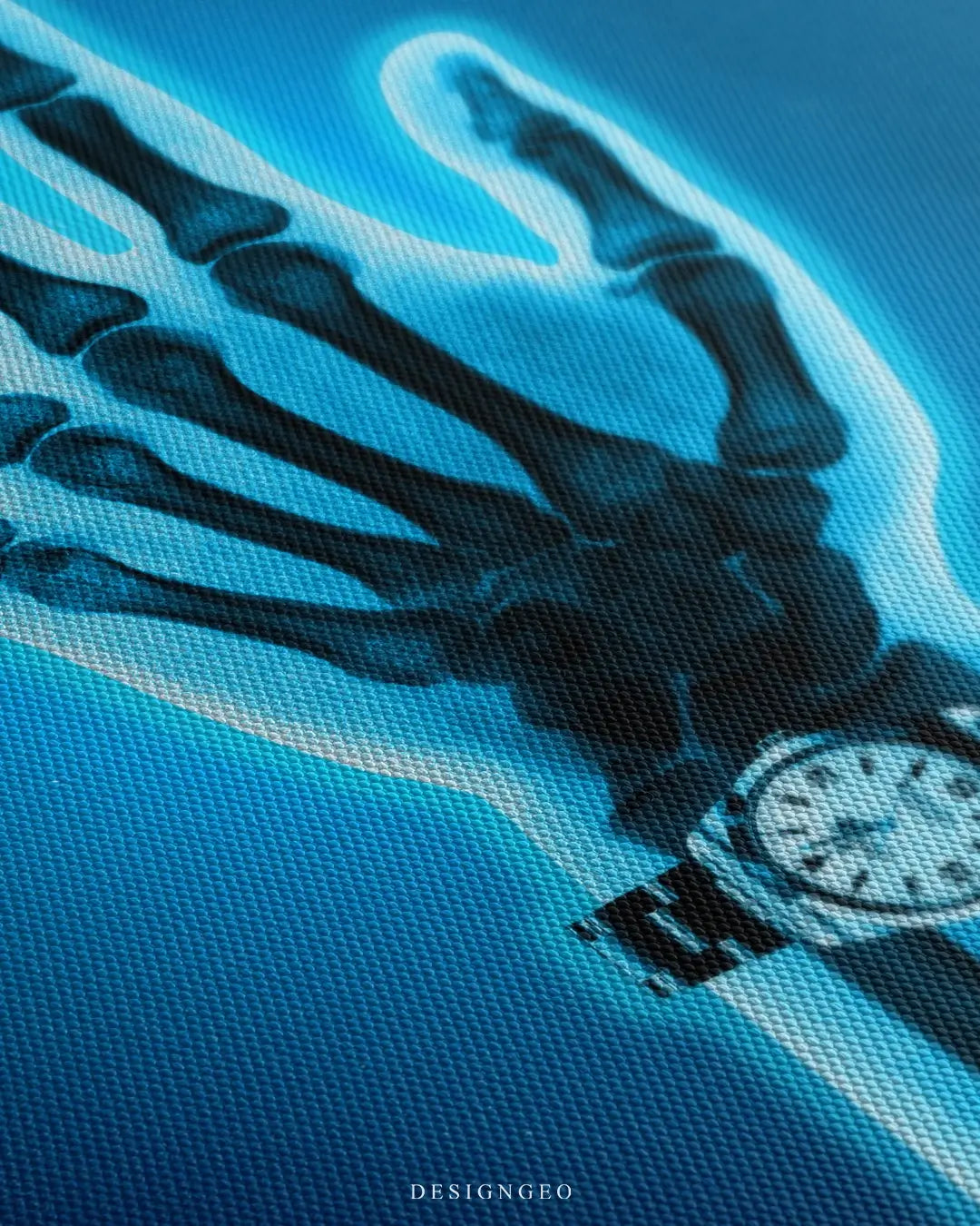 Close-up of modern horology wall art showing an X-ray of a human arm wearing a luxury mechanical watch, featuring blue and black tones