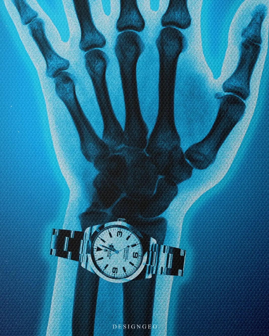 Artistic canvas illustration of a "Watchaholic" X-ray, symbolizing the deep passion for high-end watchmaking and timekeeping with a sleek digital radiography aesthetic