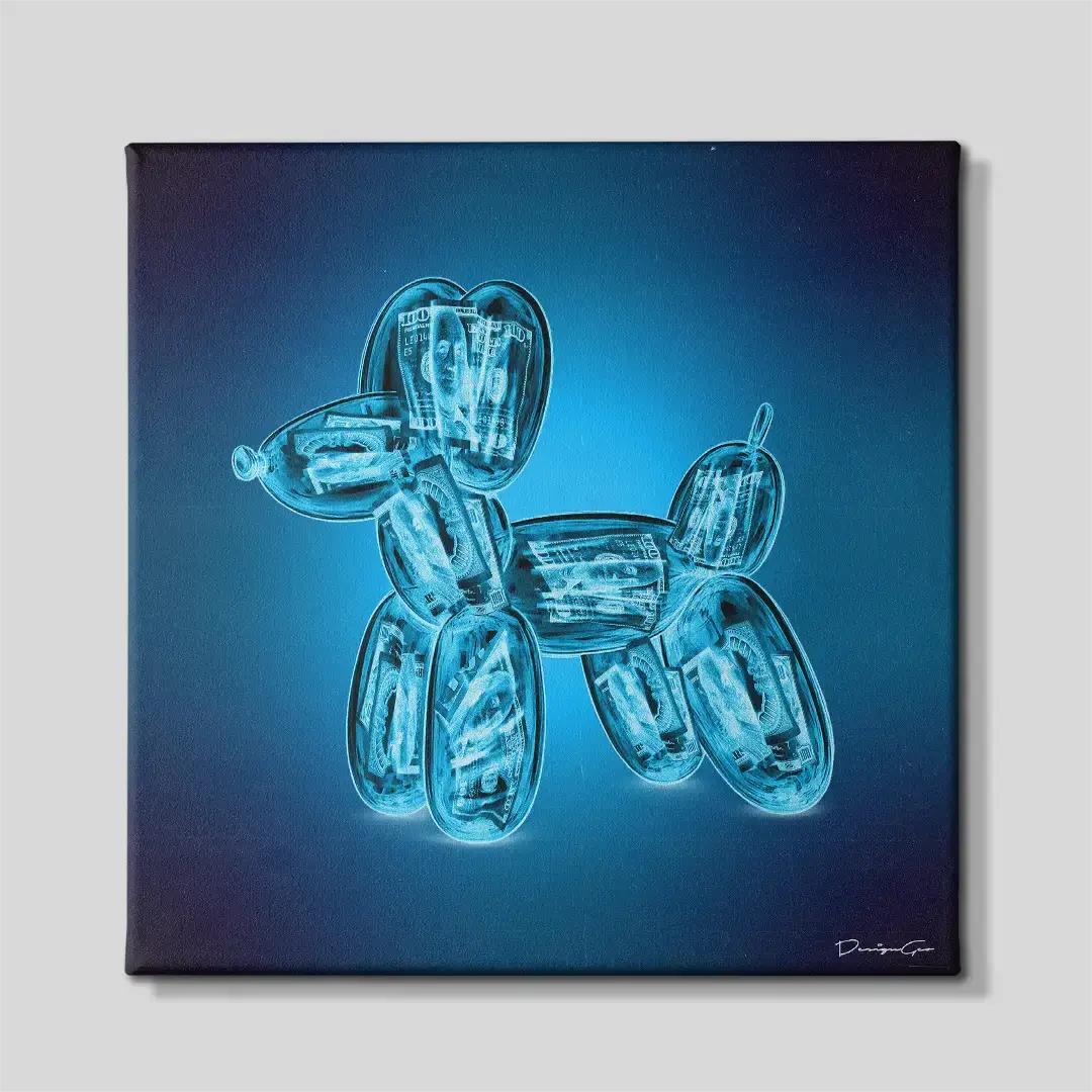 Front view of the luxury money balloon dog square canvas print, a premium conceptual piece tailored for finance professionals, corporate settings, and modern livings