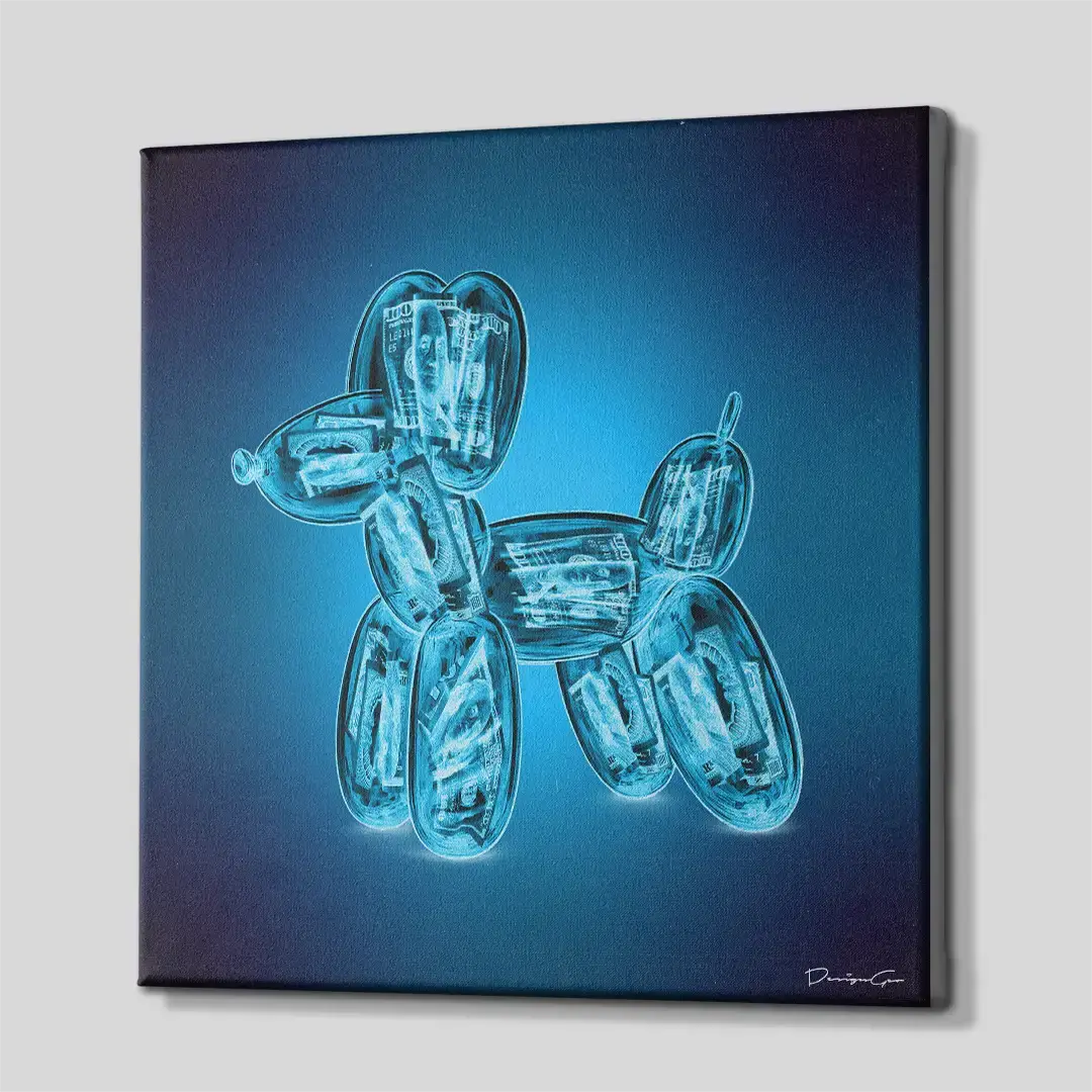 Side perspective of the modern dollar balloon dog canvas print, highlighting the high-quality gallery wrap finish and solid 3D frame depth for executive office walls