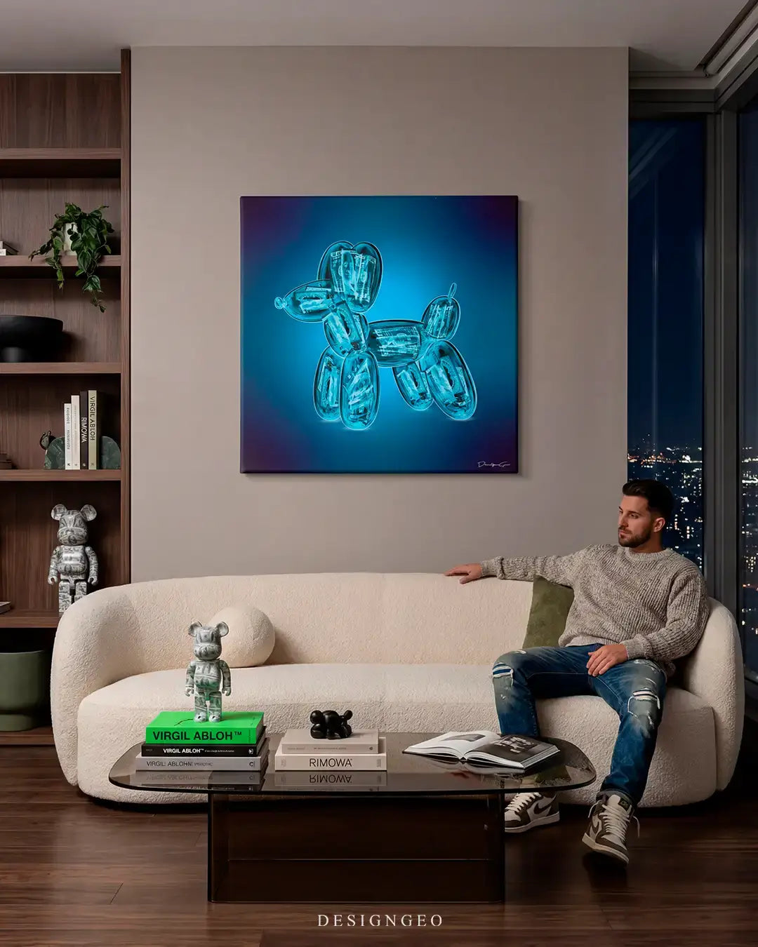 Modern livingroom interior displaying the money-filled balloon dog square canvas art above a desk, adding an ambitious pop culture statement piece to workspace decor