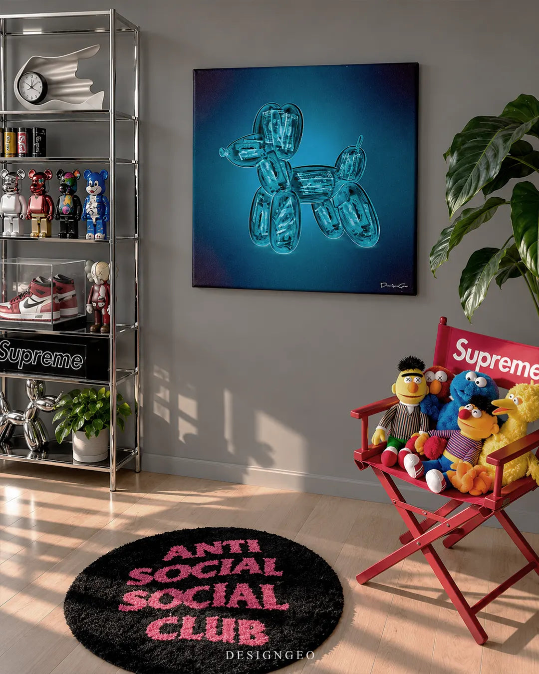 Wealth Hound blue balloon dog money pop art square canvas wall art mounted on wall in luxury game room above shelf and chair 0.75 inch thin wrap