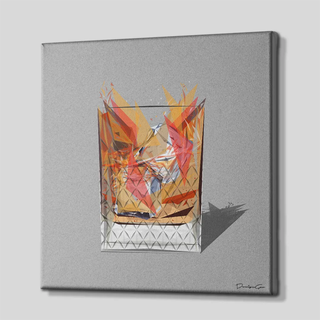 Three-quarter side angle of the square geometric whisky glass canvas wall art, showing clean gallery-wrapped edges mounted on a wooden frame