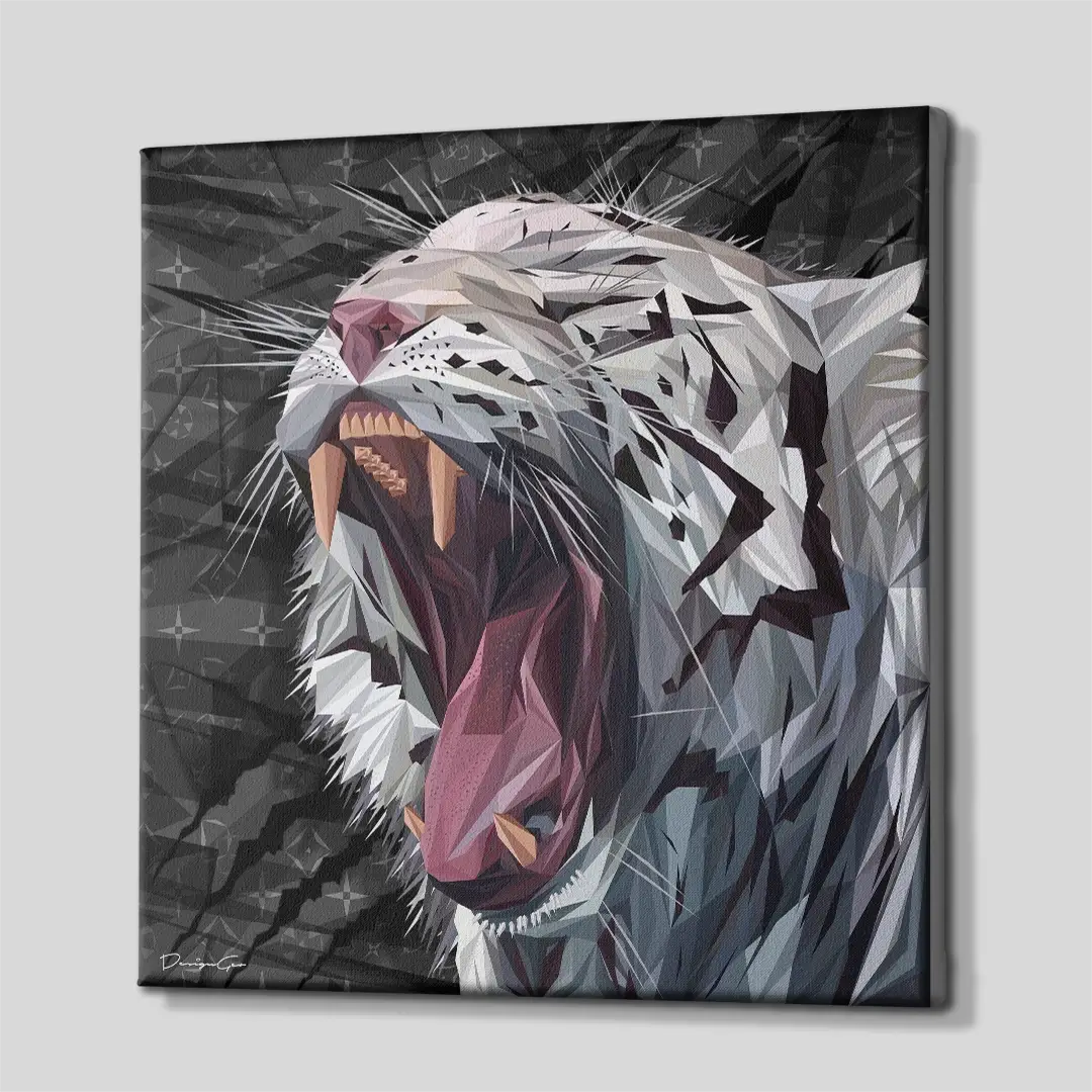 Side angle of the white tiger geometric canvas print, highlighting the high-quality gallery wrap finish and the 3D depth of the square frame