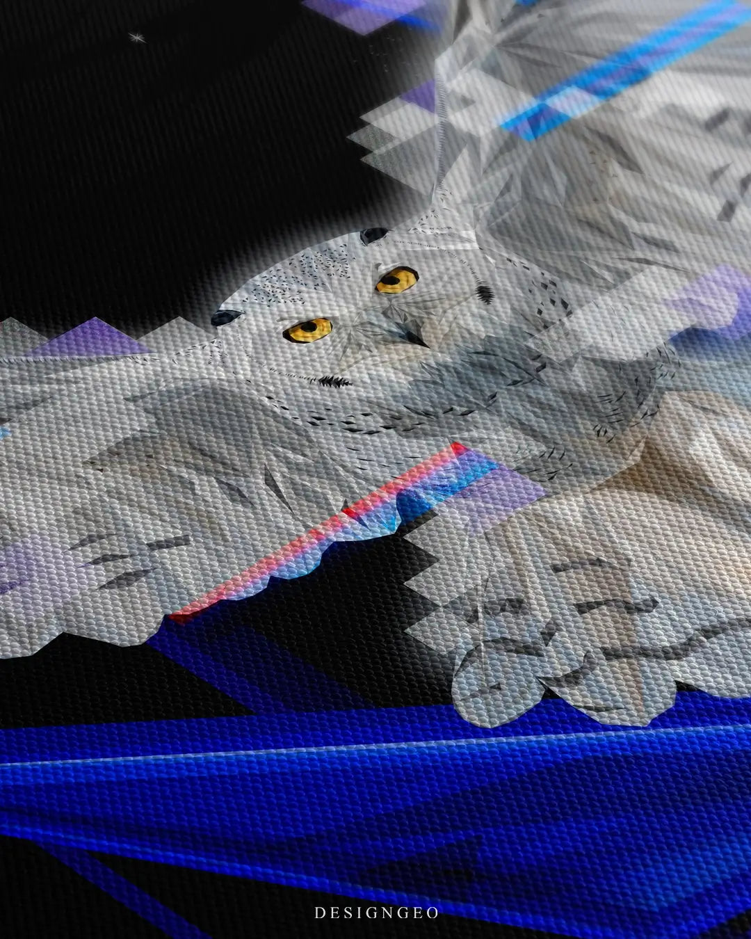 Close-up of modern minimalist wall art featuring a white owl in mid-flight with detailed feathers against a deep blue and black gradient background