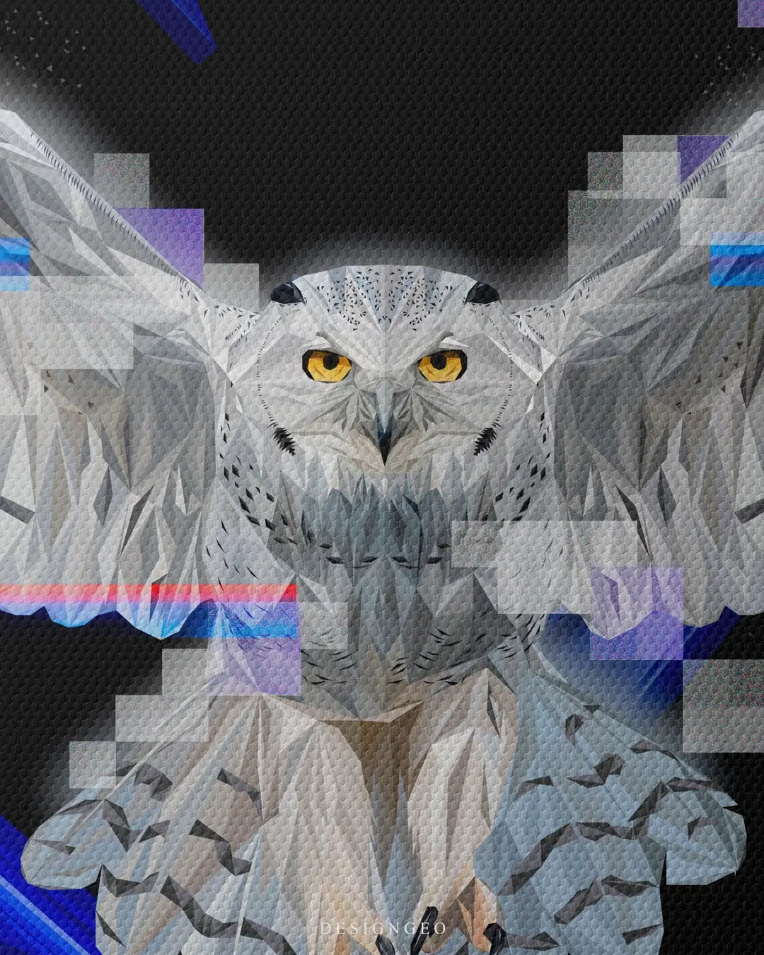 Artistic canvas illustration of a snowy owl soaring through the night, symbolizing wisdom, strategic vision, and the beauty of silent action in a sleek modern style
