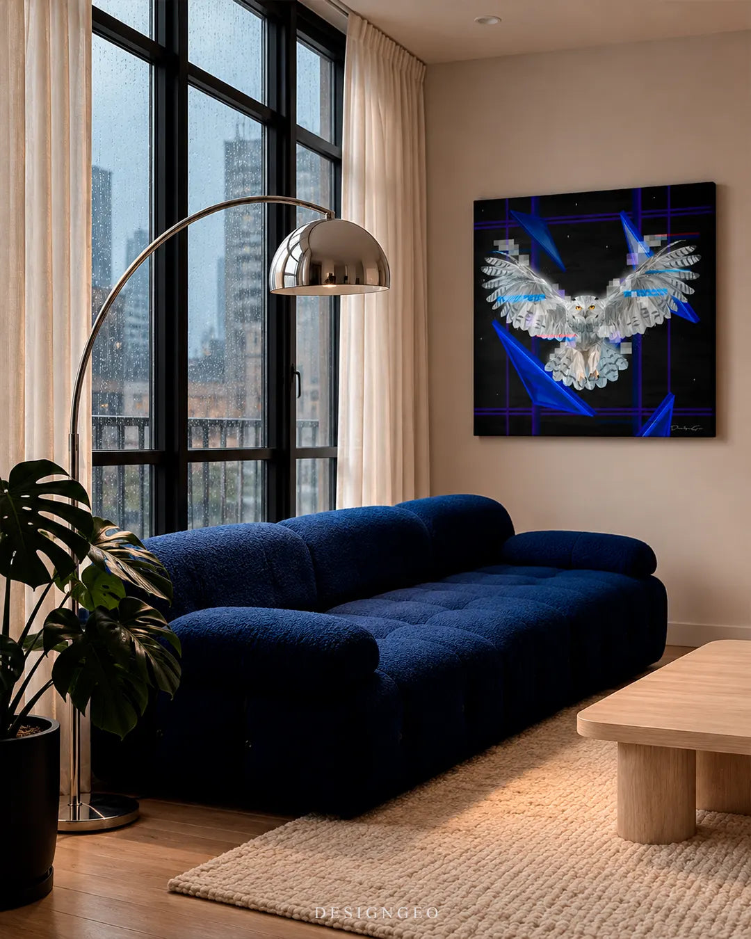 White owl digital glitch art square canvas wall art mounted on wall in luxury living room above blue sofa 0.75 inch thin wrap