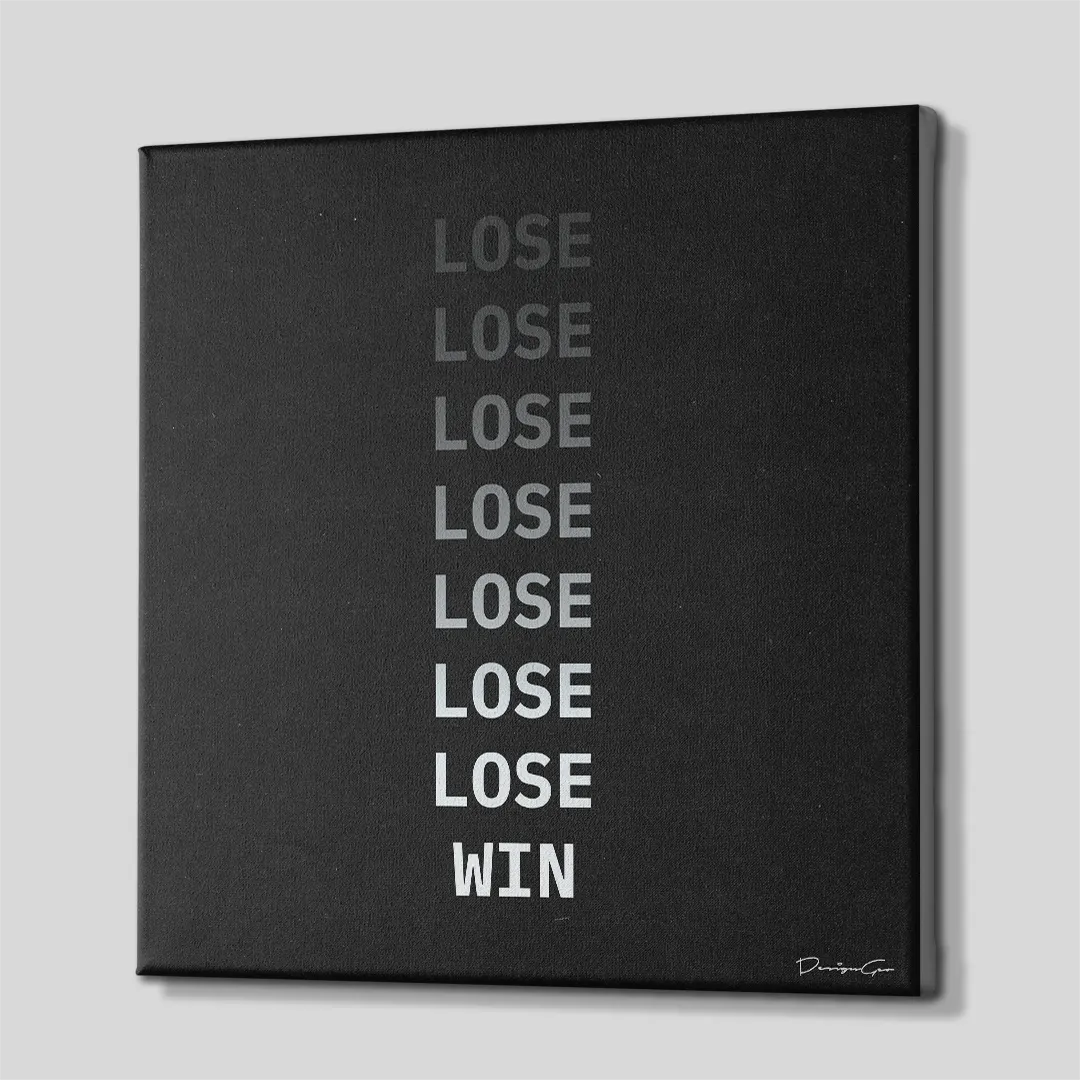 Three-quarter side angle of the Lose to Win motivational canvas wall art showing gallery-wrapped black edges mounted on a wooden stretcher frame